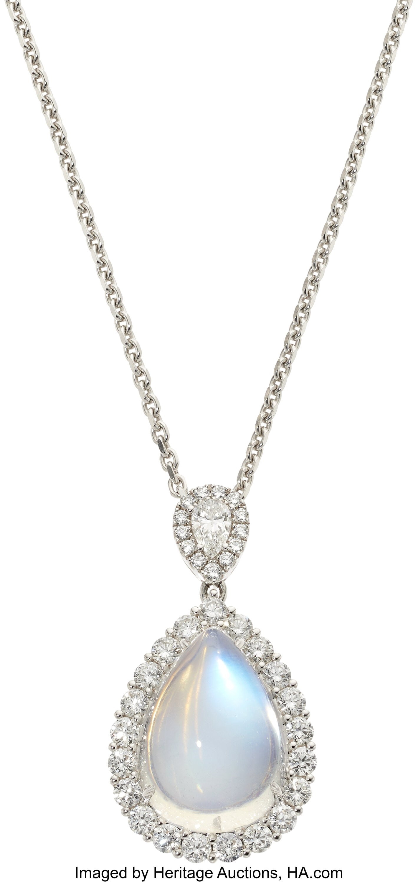 Spark Moonstone, Diamond, White Gold Pendant-Nec: Spark Moonstone, Diamond, White Gold Pendant-Necklace Stones: Moonstone cabochon; pear-shaped diamond weighing approximately 0.25 carat; full-cut diamond weighing a 