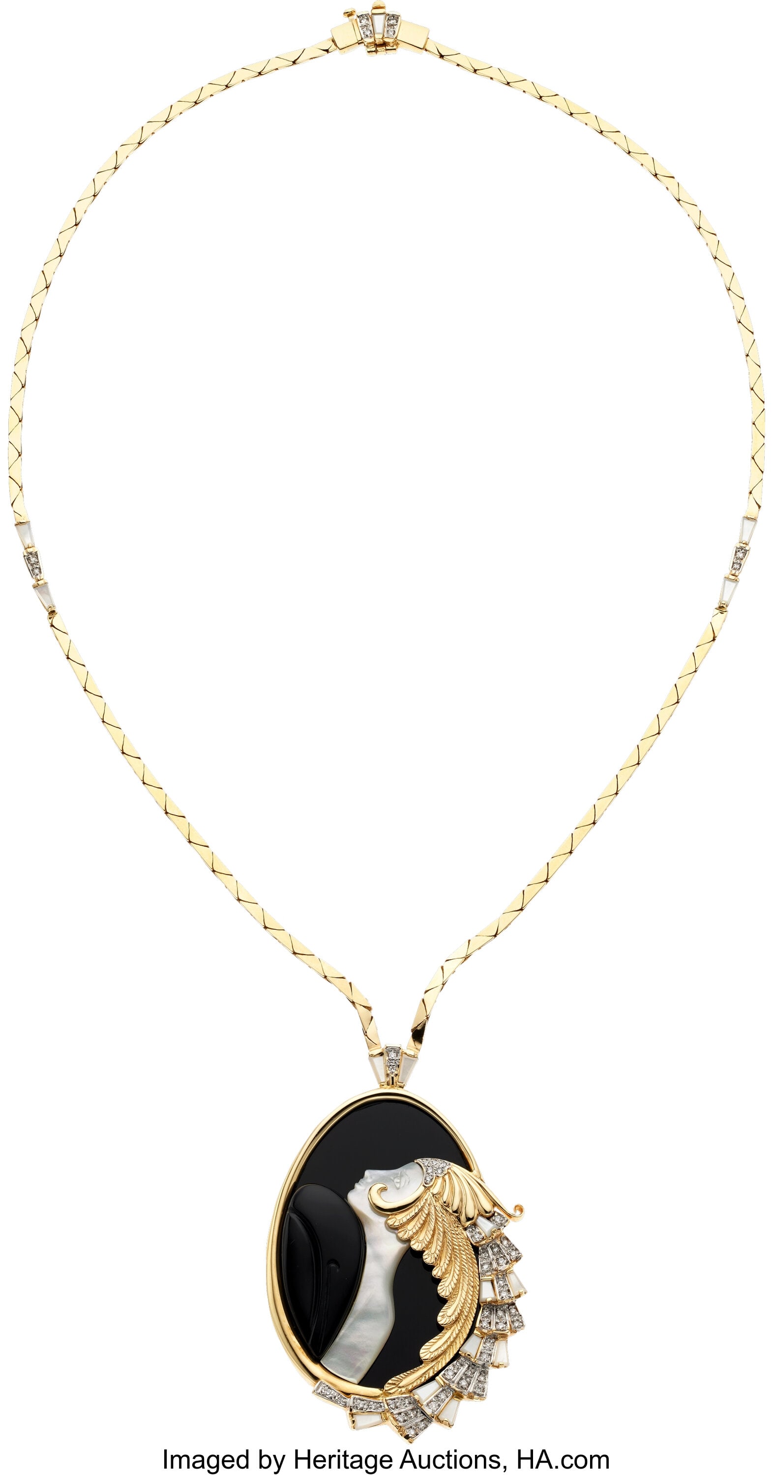 Erté Diamond, Black Onyx, Mother-of-Pearl, Gold: Erté Diamond, Black Onyx, Mother-of-Pearl, Gold Necklace Stones: Full-cut diamonds weighing a total of approximately 0.50 carat; carved black onyx and mother