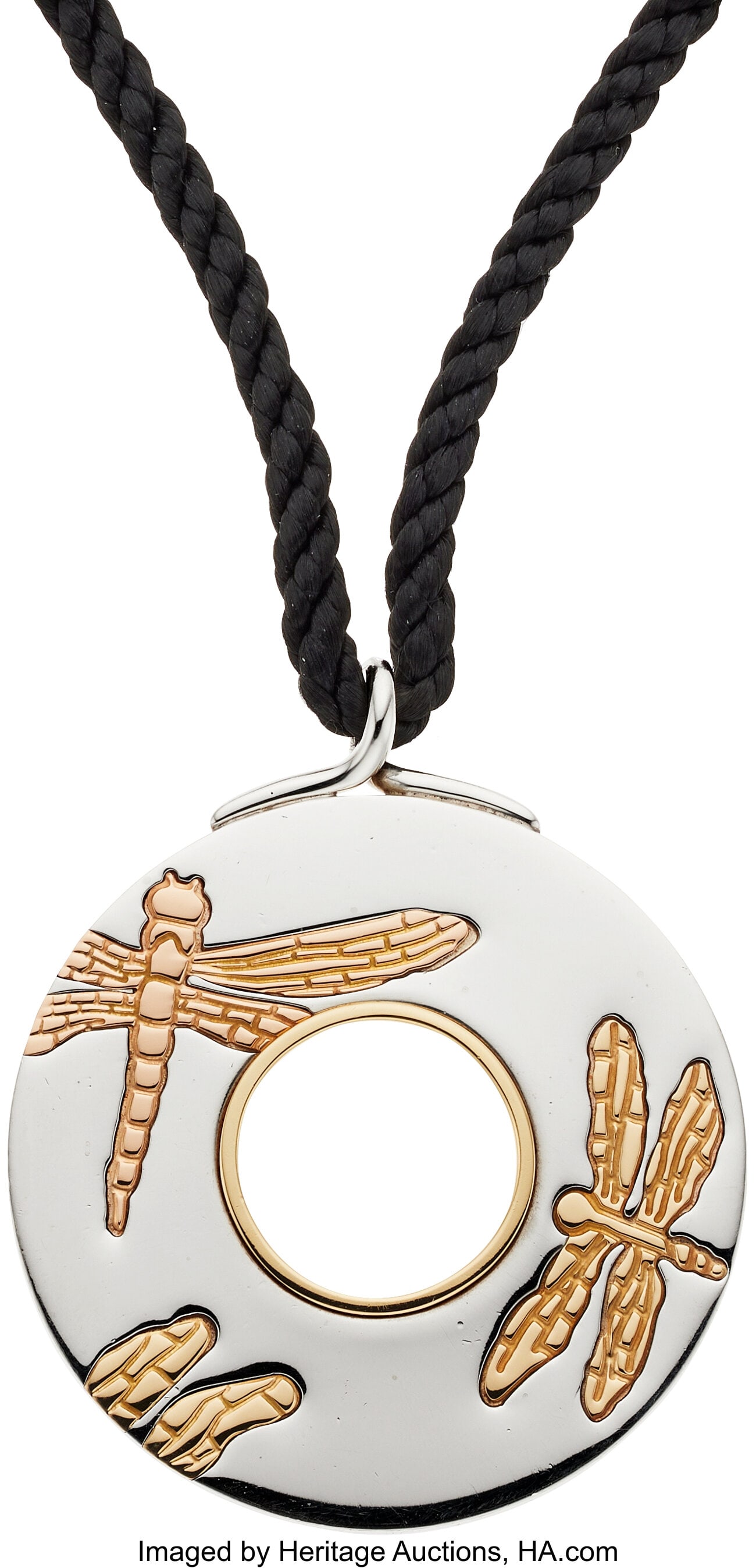 Tiffany & Co. Cord, Gold, Silver Pendant-Necklac: Tiffany & Co. Cord, Gold, Silver Pendant-Necklace Element: Black cord Metal: 18k gold and silver Marked: Tiffany & Co. Gross Weight: 32&period