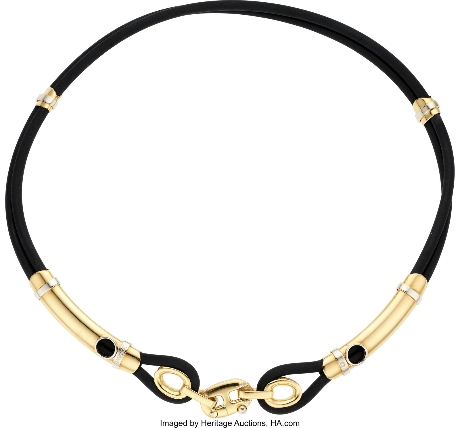 Baraka Gold, Rubber Necklace Element: Rubber Me: Baraka Gold, Rubber Necklace Element: Rubber Metal: 18k gold Marked: Baraka Gross Weight: 33.30 grams Dimensions: 15-1/2 inches x 1/2 inch HID0310106