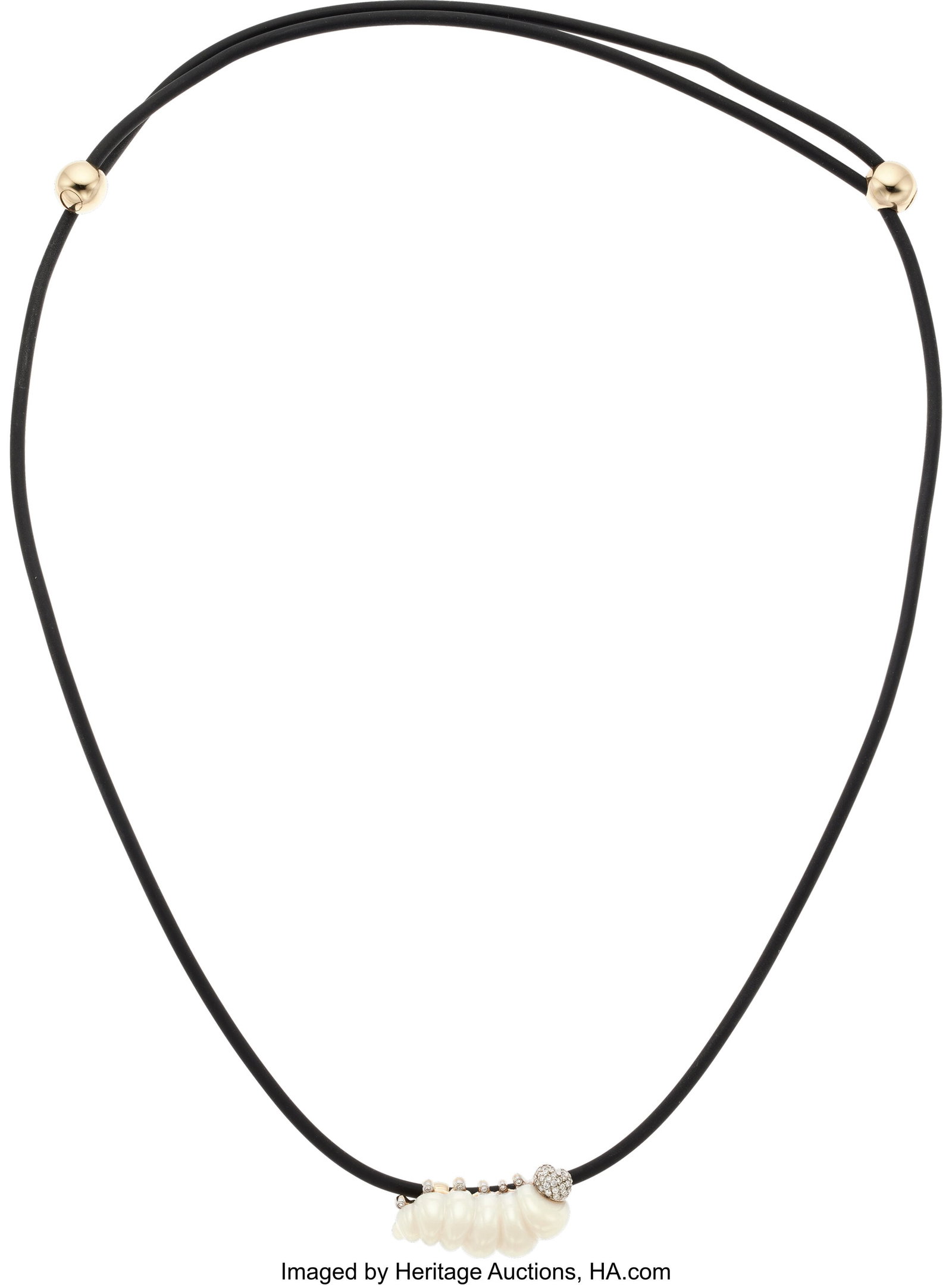 Vhernier Diamond, Chalcedony, Gold, Rubber Neckl: Vhernier Diamond, Chalcedony, Gold, Rubber Necklace Stones: Full-cut diamonds weighing a total of approximately 0.25 carat; carved white chalcedony Element: B