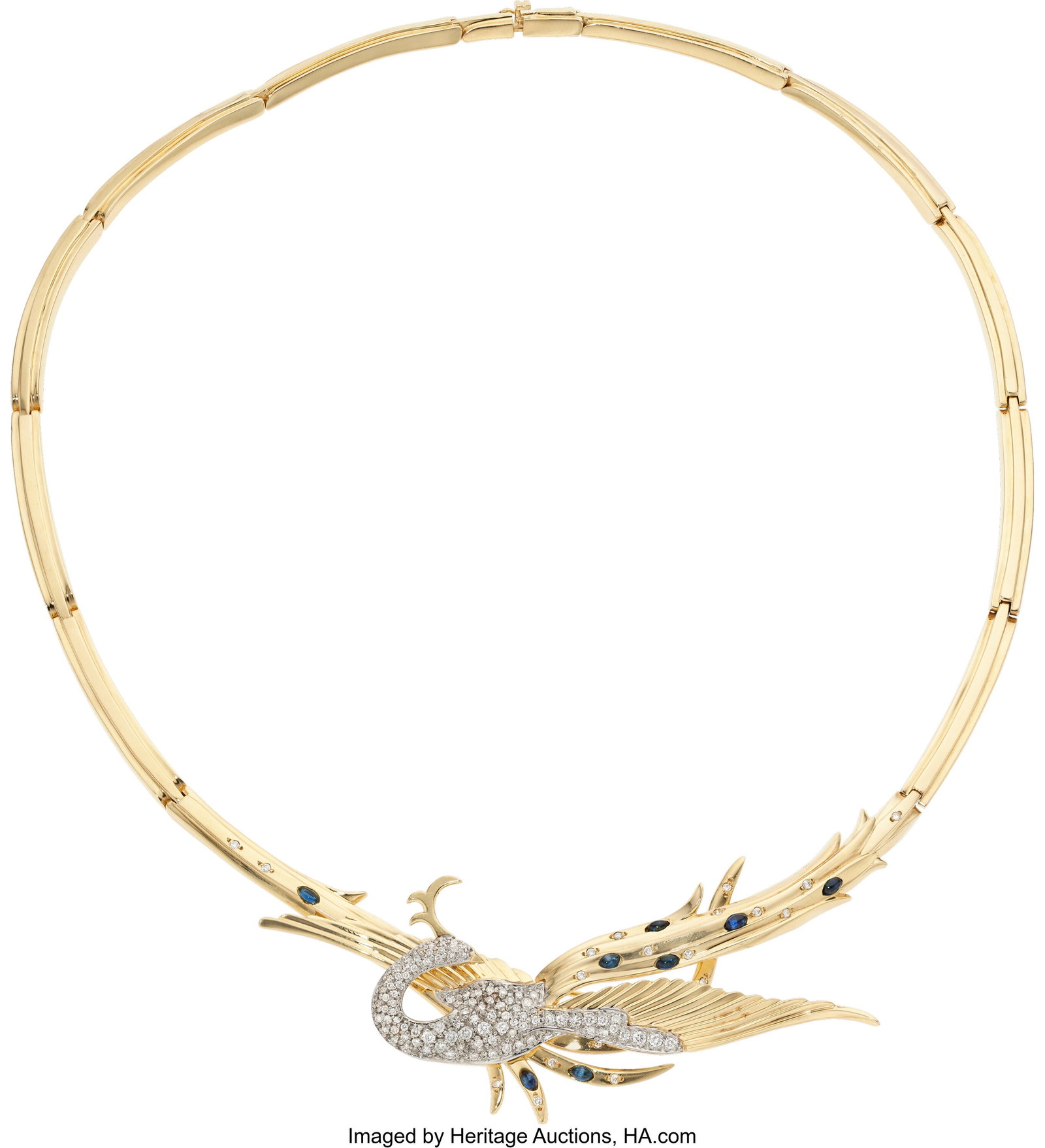 Erté Sapphire, Diamond, Gold Convertible Brooch: Erté Sapphire, Diamond, Gold Convertible Brooch-Necklace Stones: Sapphire cabochons; full-cut diamonds weighing a total of approximately 1.00 carat Metal: 14