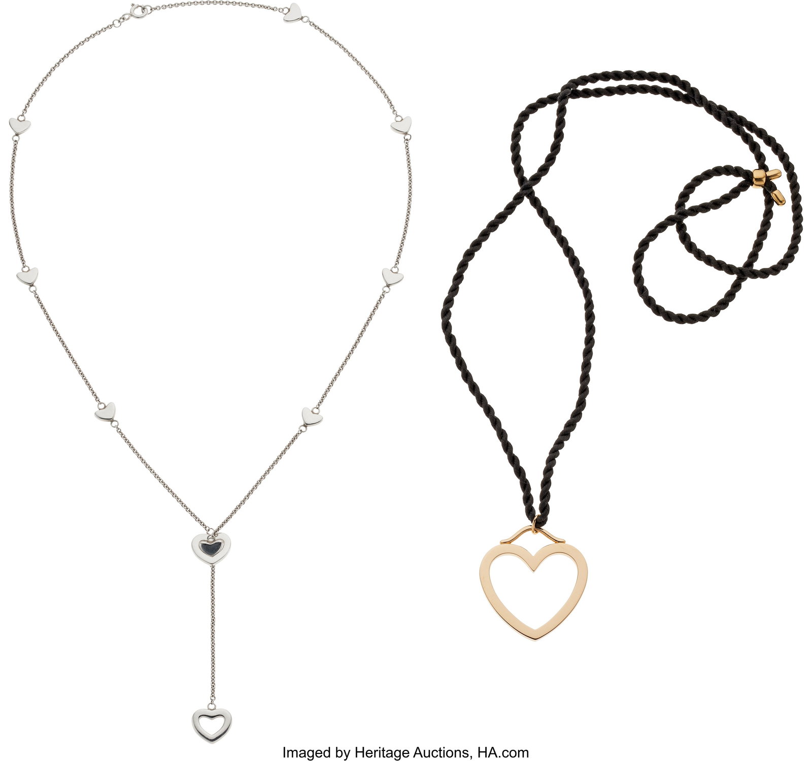Tiffany & Co. Gold, Silver, Cord Necklaces Elem: Tiffany & Co. Gold, Silver, Cord Necklaces Element: Black cord Metal: 18k gold and silver Marked: Tiffany & Co. Gross Weight: 22.90 gra