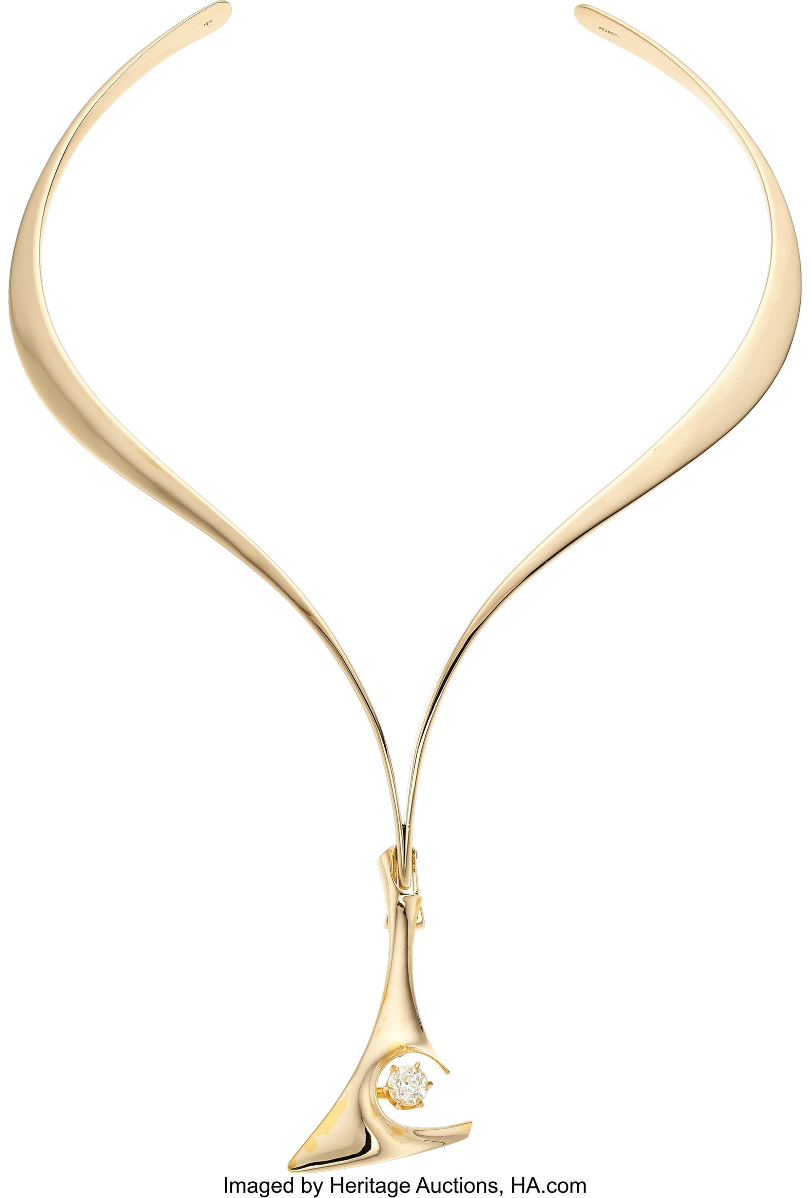 Ronald Hayes Pearson Diamond, Gold Convertible P: Ronald Hayes Pearson Diamond, Gold Convertible Pendant-Brooch Necklace Stones: European-cut diamond weighing approximately 1.10 carats Metal: 14k gold Marked: for Ronald