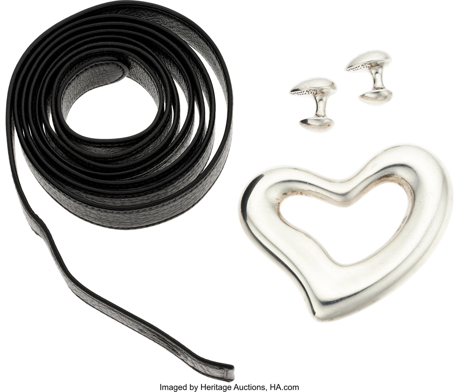 Elsa Peretti for Tiffany & Co. Silver, Suede Bel: Elsa Peretti for Tiffany & Co. Silver, Suede Belt and Cuff Links Element: Black suede Metal: Sterling silver Marked: Elsa Peretti for Tiffany & Co. Collec