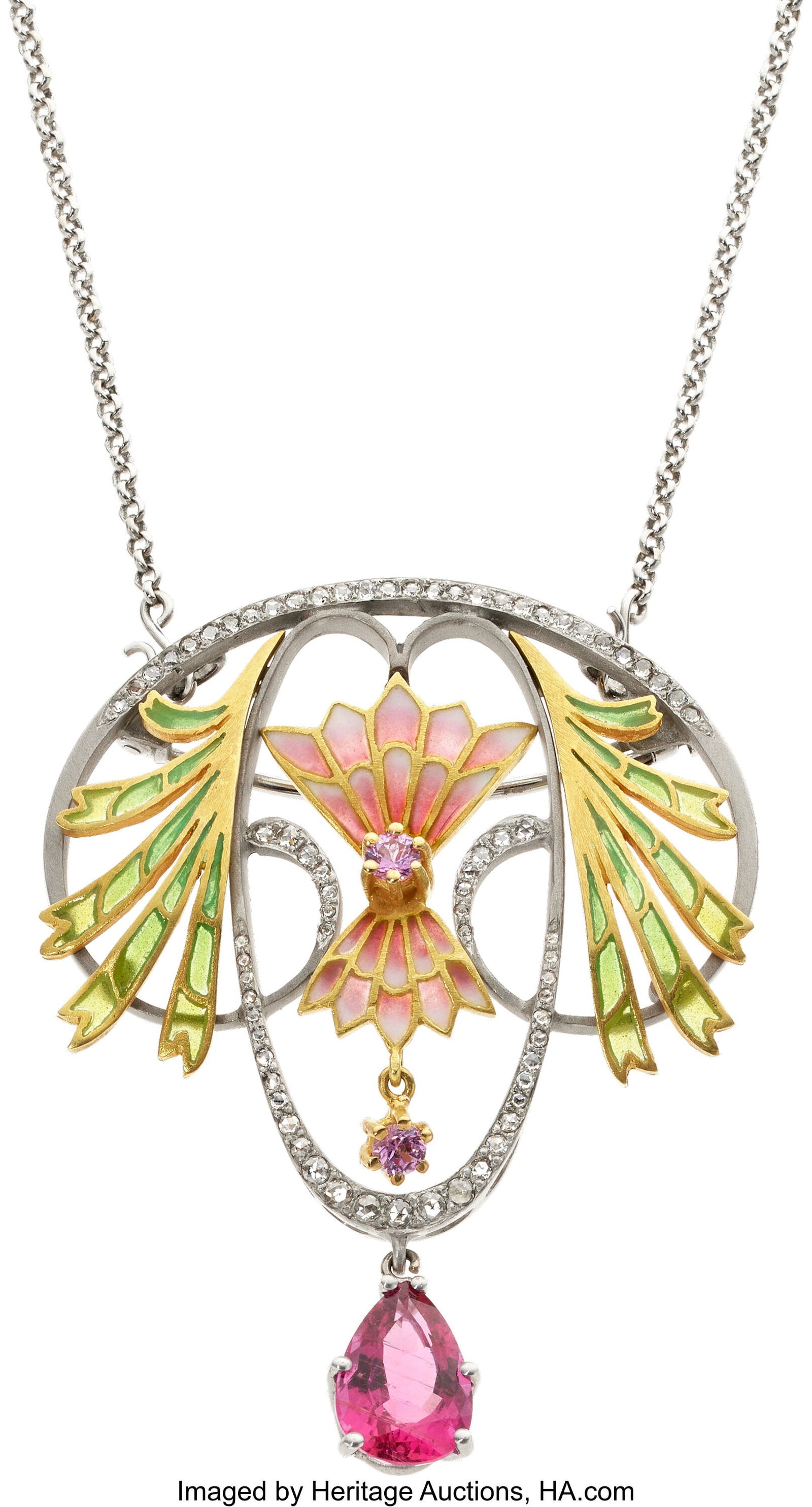 Nouveau 1910 Tourmaline, Pink Sapphire, Diamond,: Nouveau 1910 Tourmaline, Pink Sapphire, Diamond, Enamel, Gold Convertible Pendant-Brooch Necklace Stones: Pear-shaped rubellite tourmaline weighing approximately 3&period
