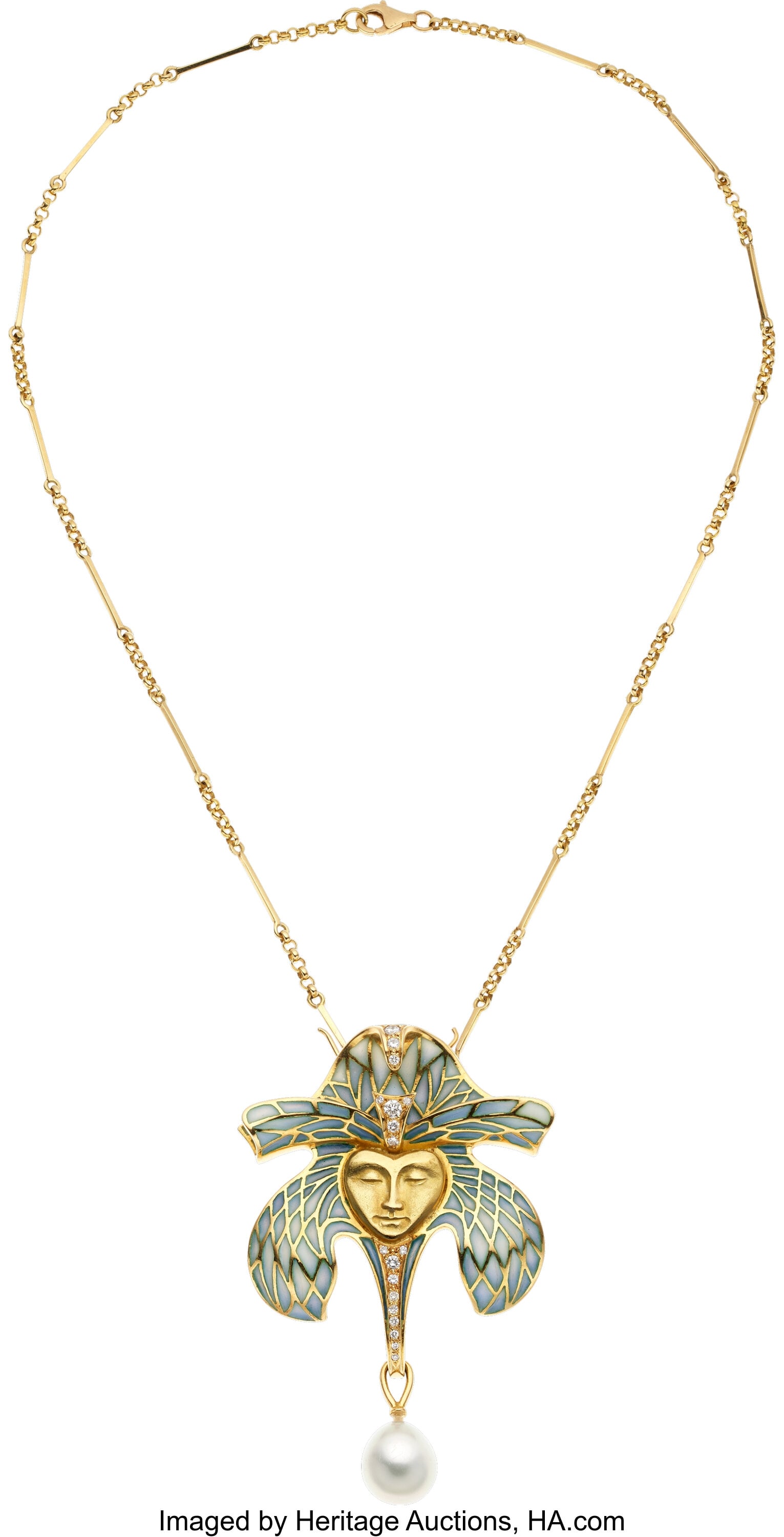 Nouveau 1910 Cultured Pearl, Diamond, Plique-à- (1 of 2)