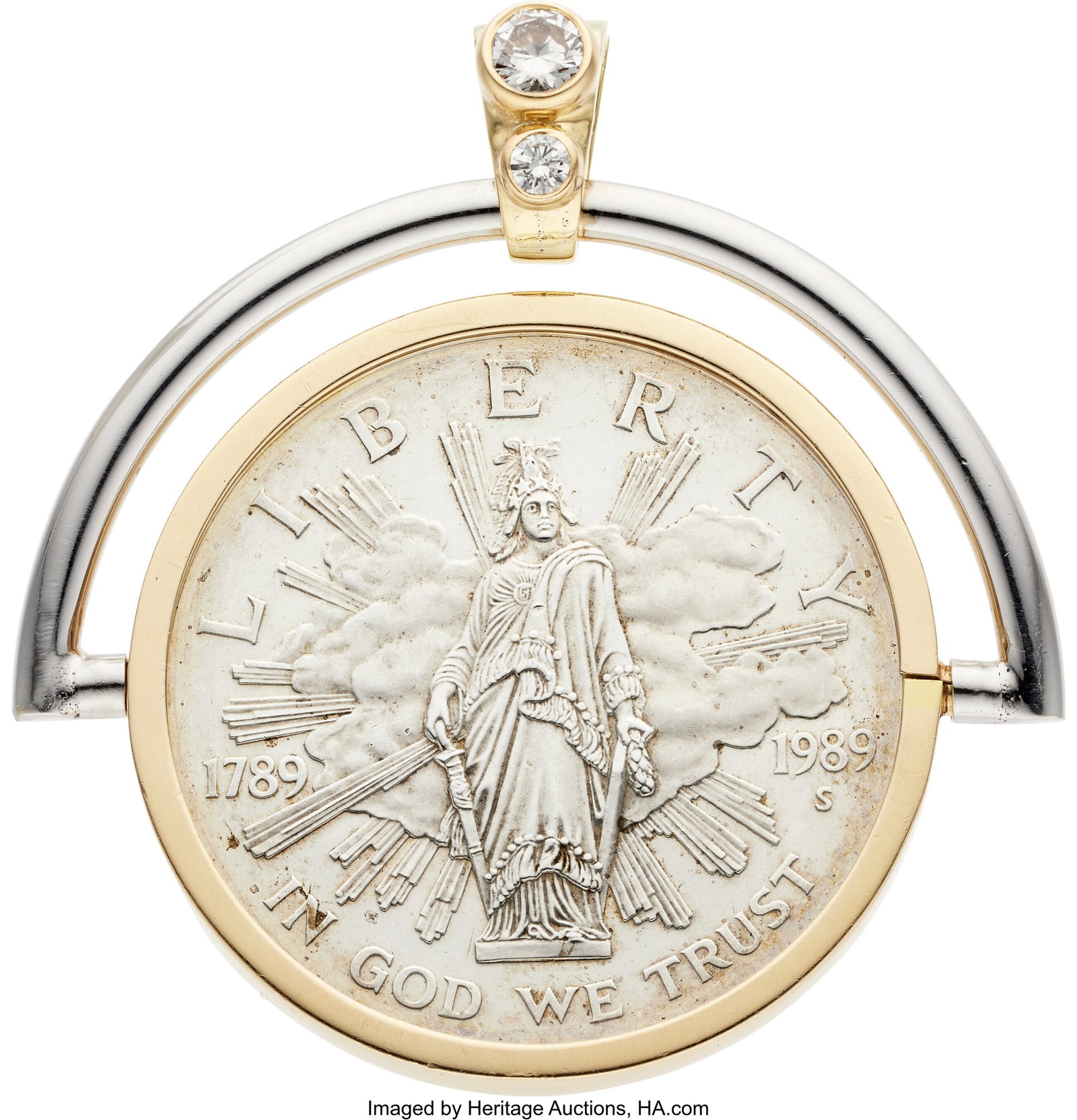 Sandra Staub Diamond, Silver Coin, Gold Pendant : Sandra Staub Diamond, Silver Coin, Gold Pendant Stones: Full-cut diamonds weighing a total of approximately 0.65 carat Coins: U.S One Dollar Silver Coin 1789-1989