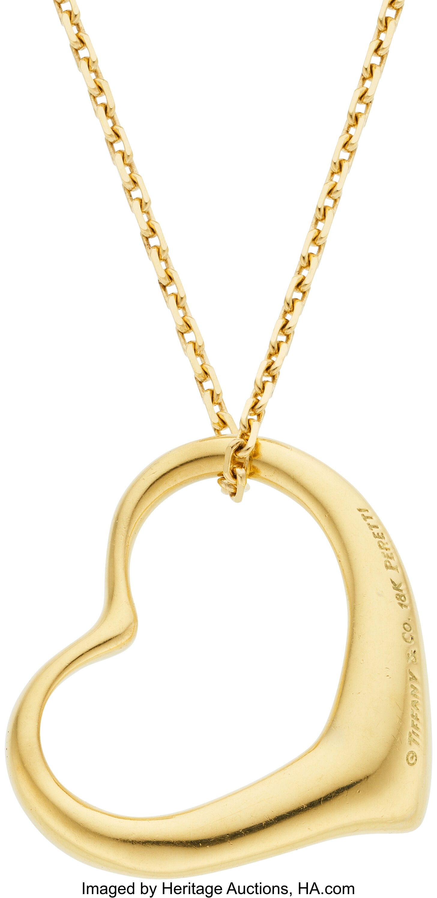 Elsa Peretti for Tiffany & Co. Gold Pendant-Neck: Elsa Peretti for Tiffany & Co. Gold Pendant-Necklace Metal: 18k gold Marked: for Elsa Peretti; Tiffany & Co. Collection: Open Heart Weight: 18&period