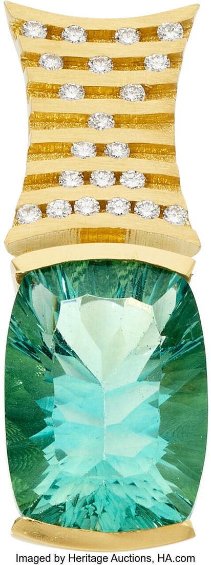 Christo Kiffer Fluorite, Diamond, Gold Pendant : Christo Kiffer Fluorite, Diamond, Gold Pendant Stones: Cushion-shaped fantasy-cut fluorite; full-cut diamonds weighing a total of approximately 0.20 carat Metal: 18