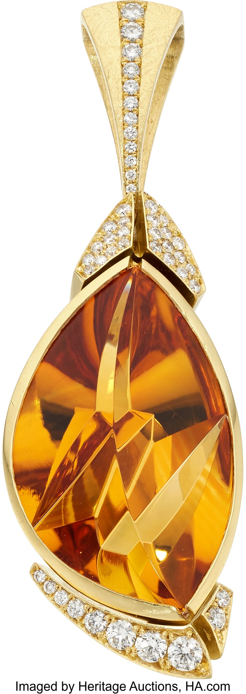 Christo Kiffer Citrine, Diamond, Gold Pendant, R: Christo Kiffer Citrine, Diamond, Gold Pendant, Retailed by Sissy's Log Cabin Stones: Freeform fantasy-cut citrine; full-cut diamonds weighing a total of approximately 0&pe