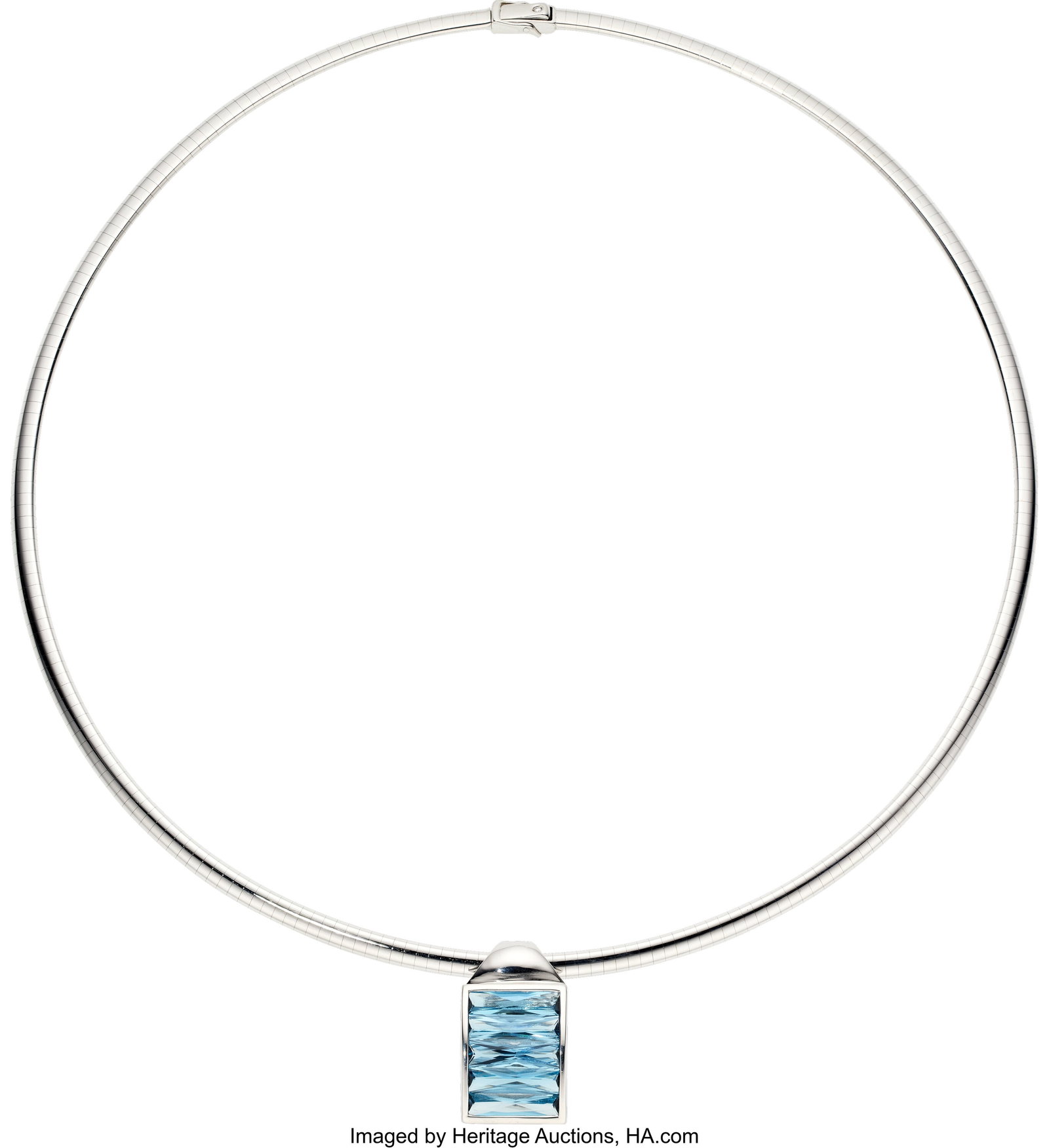 H. Stern Blue Topaz, White Gold Pendant-Necklace: H. Stern Blue Topaz, White Gold Pendant-Necklace Stones: Rectangular-shaped blue topaz Metal: 18k white gold Marked: for H. Stern Gross Weight: 39.10