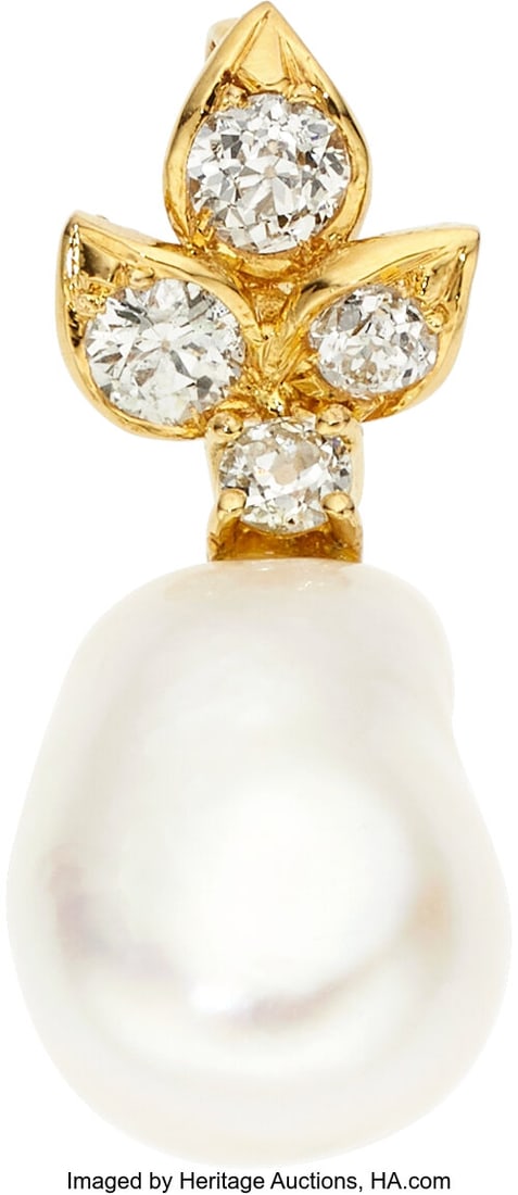 Trio South Sea Cultured Pearl, Diamond, Gold Pen: Trio South Sea Cultured Pearl, Diamond, Gold Pendant Stones: European-cut diamonds weighing a total of approximately 0.75 carat Pearl: South Sea cultured pearl measuring