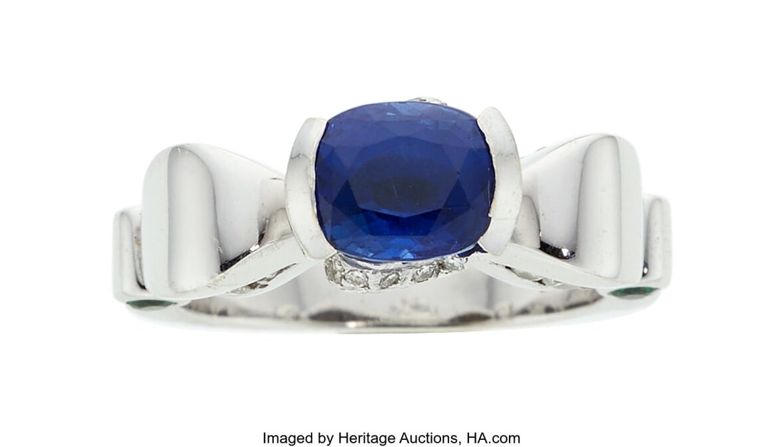 Mark Schneider Sapphire, Tsavorite Garnet, Diamo: Mark Schneider Sapphire, Tsavorite Garnet, Diamond, Gold Ring Stones: Cushion-shaped sapphire weighing approximately 2.15 carats; round-shaped tsavorite garnet weig