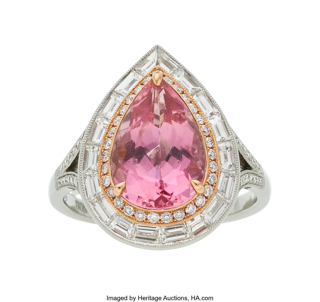 Sabrina Pink Tourmaline, Diamond, Platinum, Rose: Sabrina Pink Tourmaline, Diamond, Platinum, Rose Gold Ring Stones: Pear-shaped pink tourmaline weighing 3.37 carats; baguette-cut and trapezoid-shaped diamonds weig