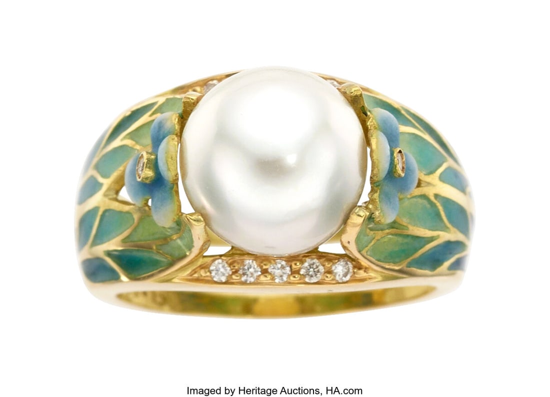 Nouveau 1910 Cultured Pearl, Diamond, Enamel, Go: Nouveau 1910 Cultured Pearl, Diamond, Enamel, Gold Ring Stones: Full-cut diamonds weighing a total of 0.11 carat Pearls: Cultured pearl measuring 10.50 mm E