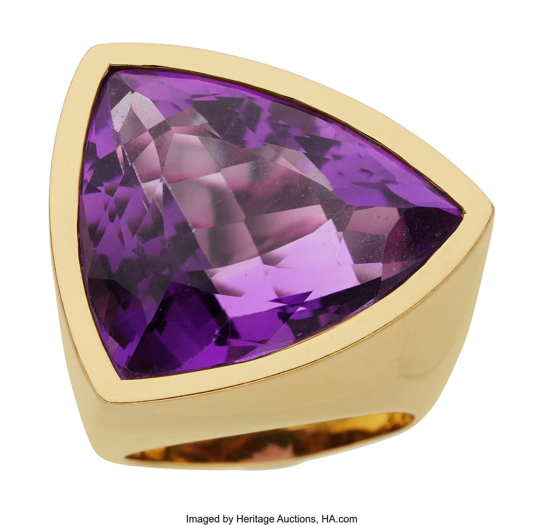 Paloma Picasso for Tiffany & Co. Amethyst, Gold : Paloma Picasso for Tiffany & Co. Amethyst, Gold Ring, circa 1988 Stones: Triangular-shaped amethyst Metal: 18k gold Marked: Paloma Picasso for Tiffany & Co