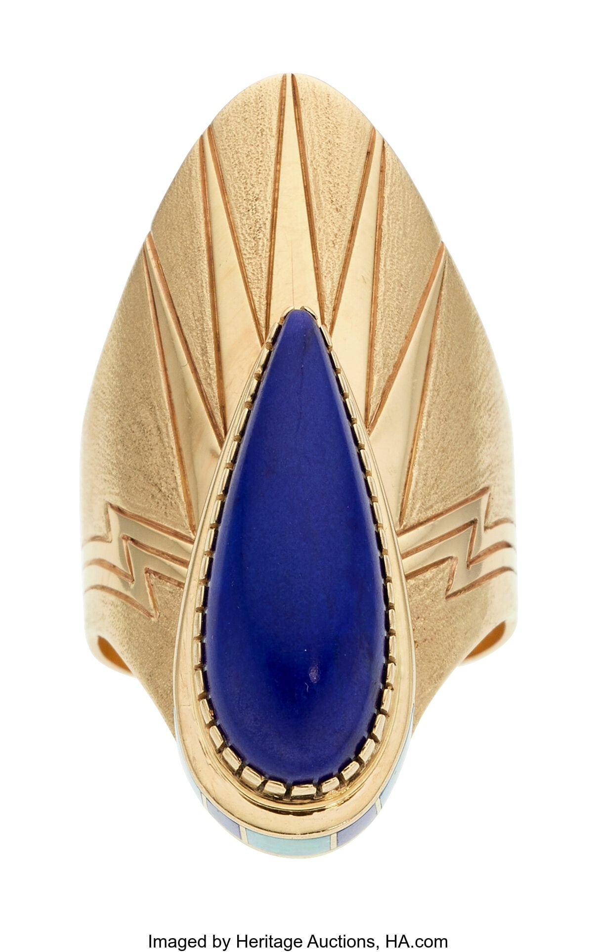 Leo Yazzi Lapis Lazuli, Opal, Gold Ring Stones:: Leo Yazzi Lapis Lazuli, Opal, Gold Ring Stones: Lapis lazuli cabochon and carved inlay; carved opal inlay Metal: 14k gold Marked: for Leo Yazzi Gross Weight: 1