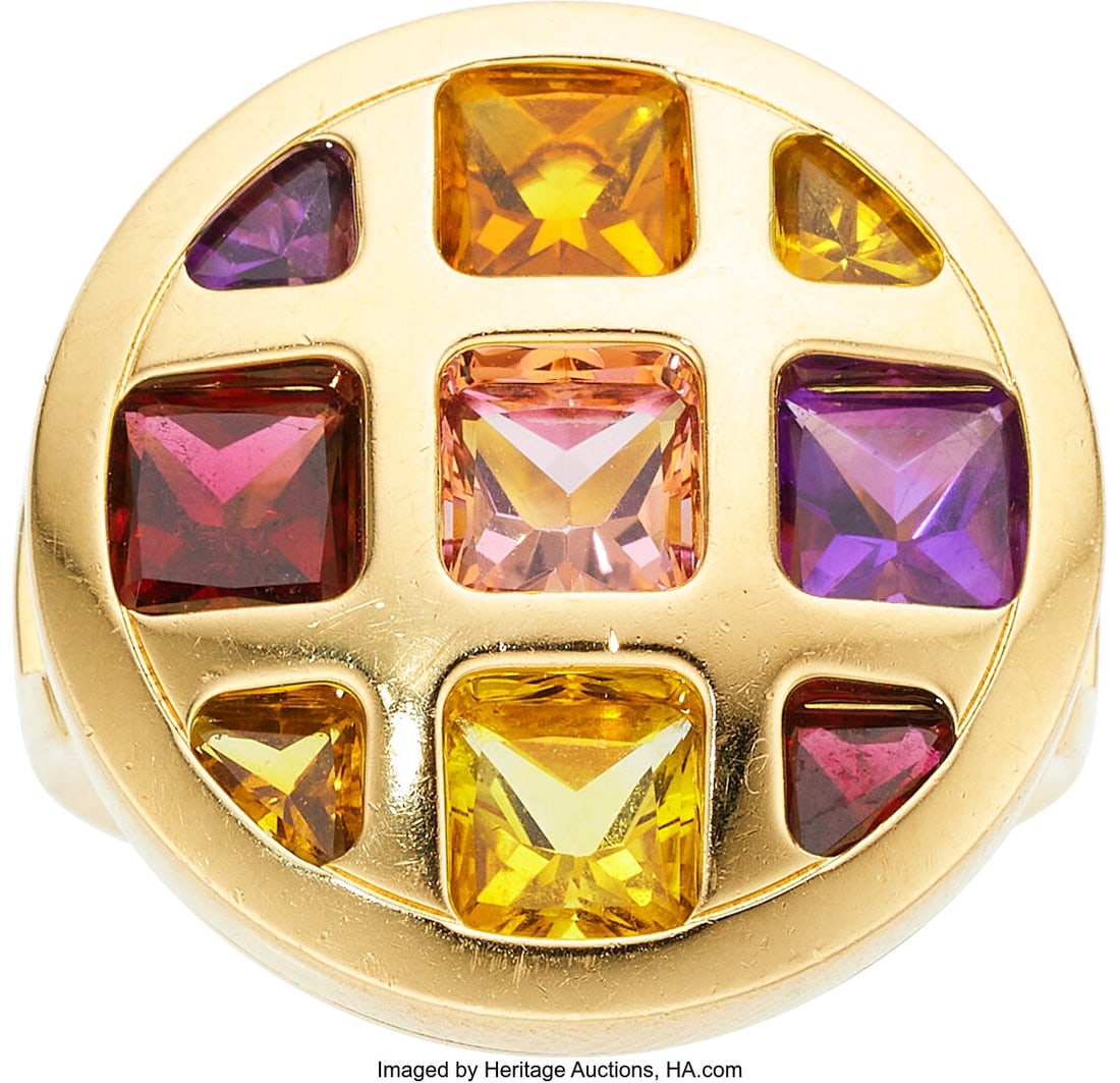 Cartier Multi-Stone, Gold Ring, French Stones: : Cartier Multi-Stone, Gold Ring, French Stones: Square-shaped tourmaline, amethyst, citrine, and garnet; triangular-shaped citrine, amethyst, and ga