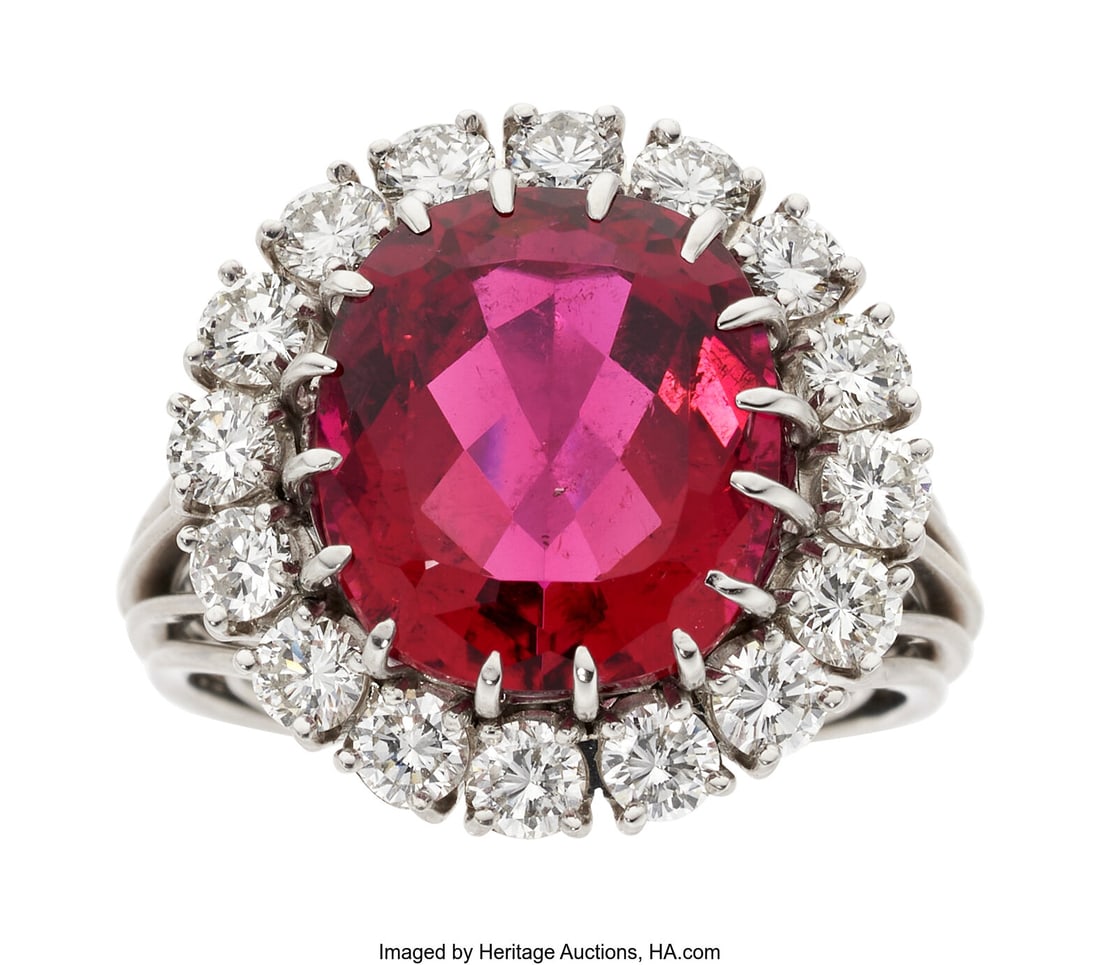 Gübelin Rubellite Tourmaline, Diamond, White Go: Gübelin Rubellite Tourmaline, Diamond, White Gold Ring Stones: Cushion-shaped rubellite tourmaline weighing a total of approximately 7.50 carats; full-cut diamonds w