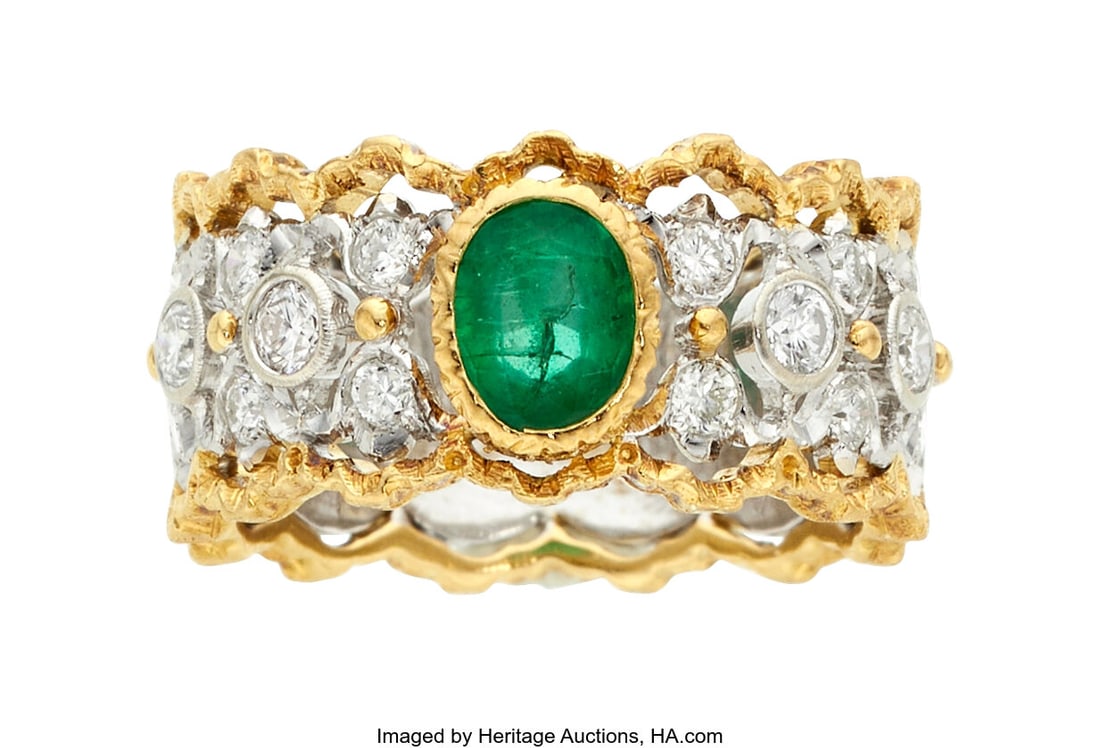 Mario Buccellati Emerald, Diamond, Gold Ring St: Mario Buccellati Emerald, Diamond, Gold Ring Stones: Oval-shaped emerald weighing approximately 0.45 carat; full-cut diamonds weighing a total of approximately 0.4