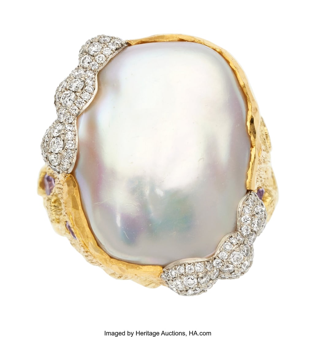 Victor Velyan Freshwater Cultured Pearl, Diamond: Victor Velyan Freshwater Cultured Pearl, Diamond, Purple Sapphire, Gold Ring Stones: Full-cut diamonds weighing a total of approximately 1.00 carat; round-shaped pu