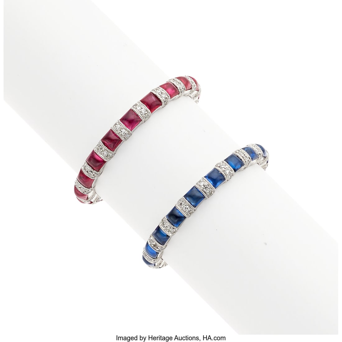Sabrina Ruby, Sapphire, Diamond, Platinum Rings : Sabrina Ruby, Sapphire, Diamond, Platinum Rings Stone: Ruby and sapphire cabochons; single-cut diamonds weighing a total of 0.45 carat Metal: Platinum Marked&