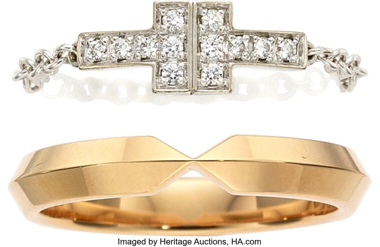 Tiffany & Co. Diamond, Gold Rings Stones: Full-: Tiffany & Co. Diamond, Gold Rings Stones: Full-cut diamonds Metal: 18k white and yellow gold Marked: Tiffany & Co. Collection: Tiffany T (chain