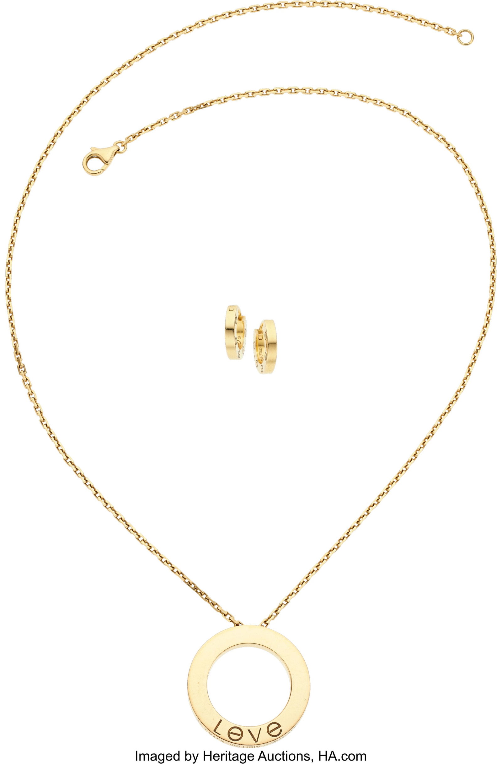 Cartier Gold Jewelry Suite Metal: 18k gold Mark: Cartier Gold Jewelry Suite Metal: 18k gold Marked: Cartier Collection: Love Gross Weight: 16.10 grams Necklace Dimensions: 17 inches x 7/8 inch Earring Dimensi