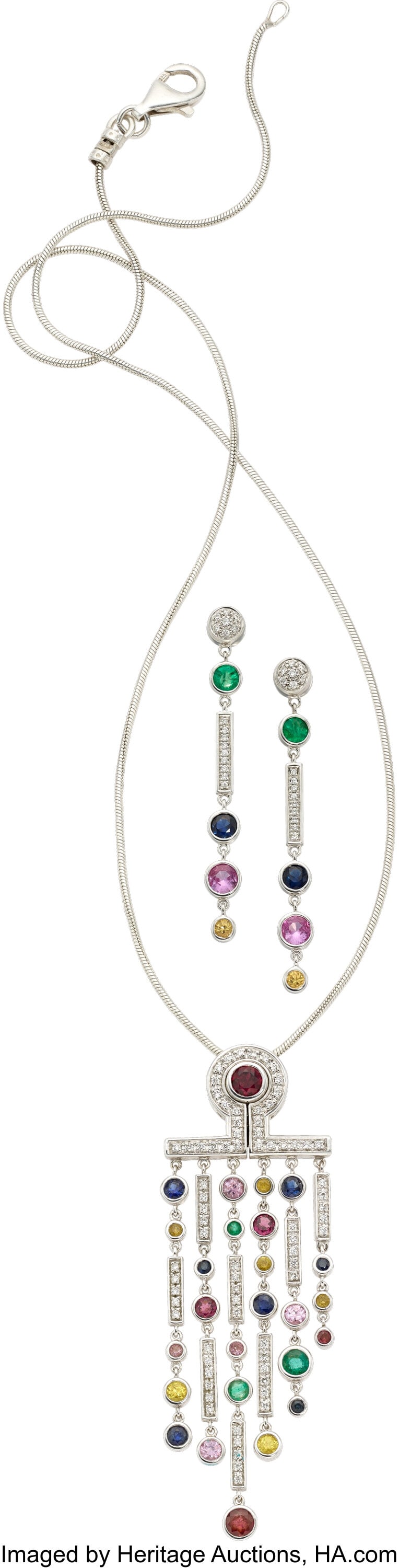 Di Modolo Multi-Stone, Diamond, Silver Jewelry S: Di Modolo Multi-Stone, Diamond, Silver Jewelry Suite Stones: Round-shaped blue sapphires weighing a total of approximately 0.95 carat; round-shaped pink sapphires weighin