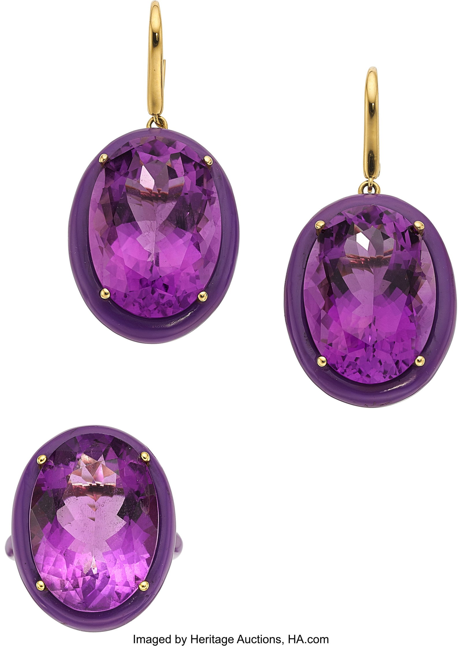 deBoulle Amethyst, Enamel, Gold Jewelry Suite S: deBoulle Amethyst, Enamel, Gold Jewelry Suite Stones: Oval-shaped amethyst Element: Enamel Metal: 18k gold Marked: deBoulle Collection: deBoulle Collection Gr