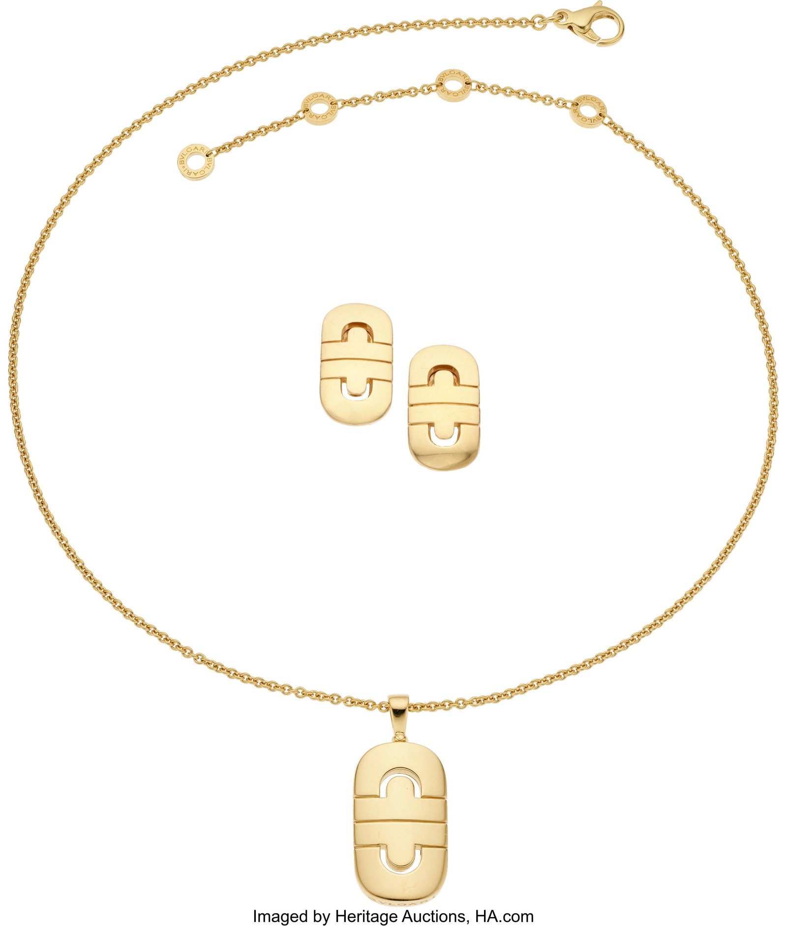 Bvlgari Gold Jewelry Suite Metal: 18k gold Mark: Bvlgari Gold Jewelry Suite Metal: 18k gold Marked: Bvlgari Collection: Parentesi Gross Weight: 27.70 grams Necklace Dimensions: 17 inches x 1-3/16 inches Earri