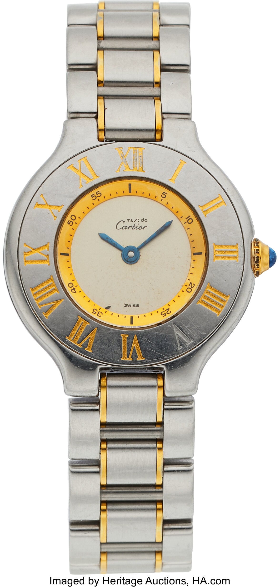 Cartier Stainless Steel "Must de Cartier 21" Wat: Cartier Stainless Steel "Must de Cartier 21" Watch Case: 28 mm, round, stainless steel, back secured by 6 screws, synthetic spinel cabochon crown, mineral crystal&c