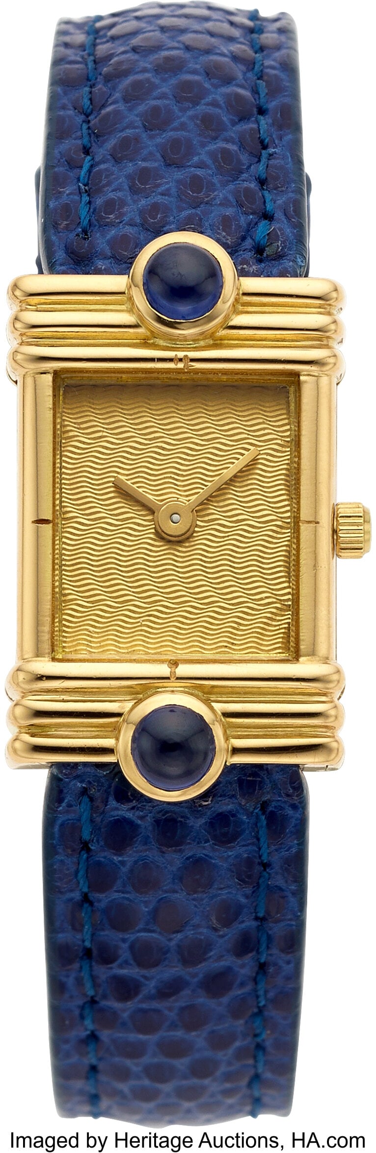 Verney Sapphire, Gold "Monte Carlo" Watch, Frenc: Verney Sapphire, Gold "Monte Carlo" Watch, French Case: 26 x 18 mm, rectangle, 18k gold, back secured by 4 screws, sapphire cabochon bezel, mineral crys