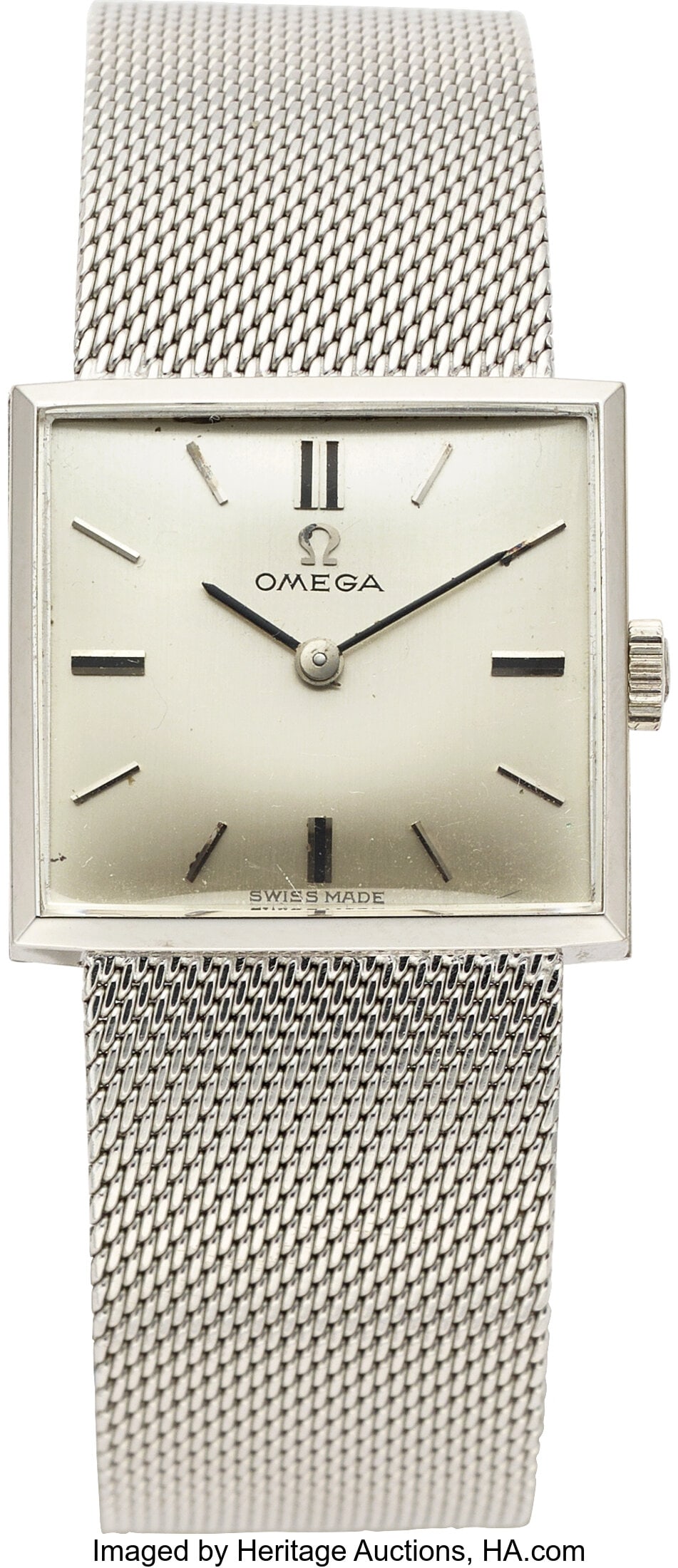 Omega White Gold Watch Case: 21 mm, square, 14k: Omega White Gold Watch Case: 21 mm, square, 14k white gold, snapback, domes mineral crystal, D6665, 719730 Dial: Silver, black and silver-tone sti
