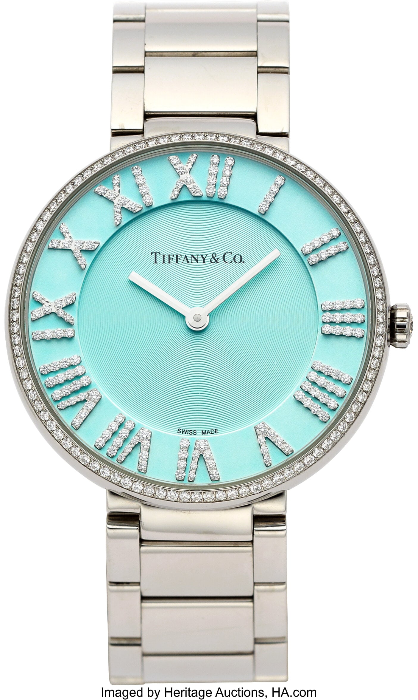 Tiffany & Co. Diamond, Stainless Steel "Atlas" W: Tiffany & Co. Diamond, Stainless Steel "Atlas" Watch, circa 2022 Case: 34 mm, round, stainless steel, back secured by 4 screws, diamond-set crown&c