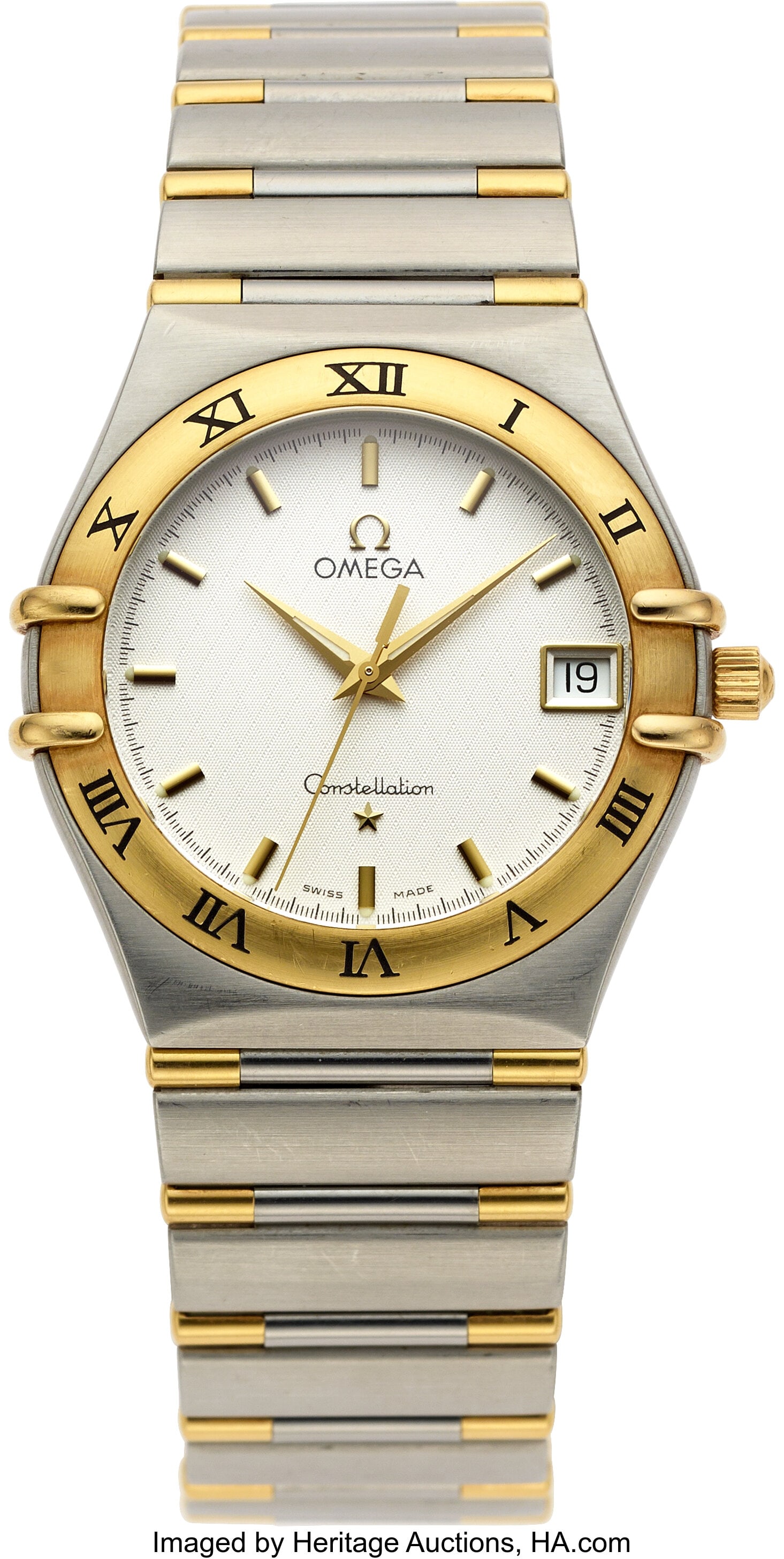 Omega Gold, Stainless Steel "Constellation" Watc: Omega Gold, Stainless Steel "Constellation" Watch Case: 34 mm, round, stainless steel, snapback, 18k gold bezel, synthetic sapphire crystal, 58275890 Di