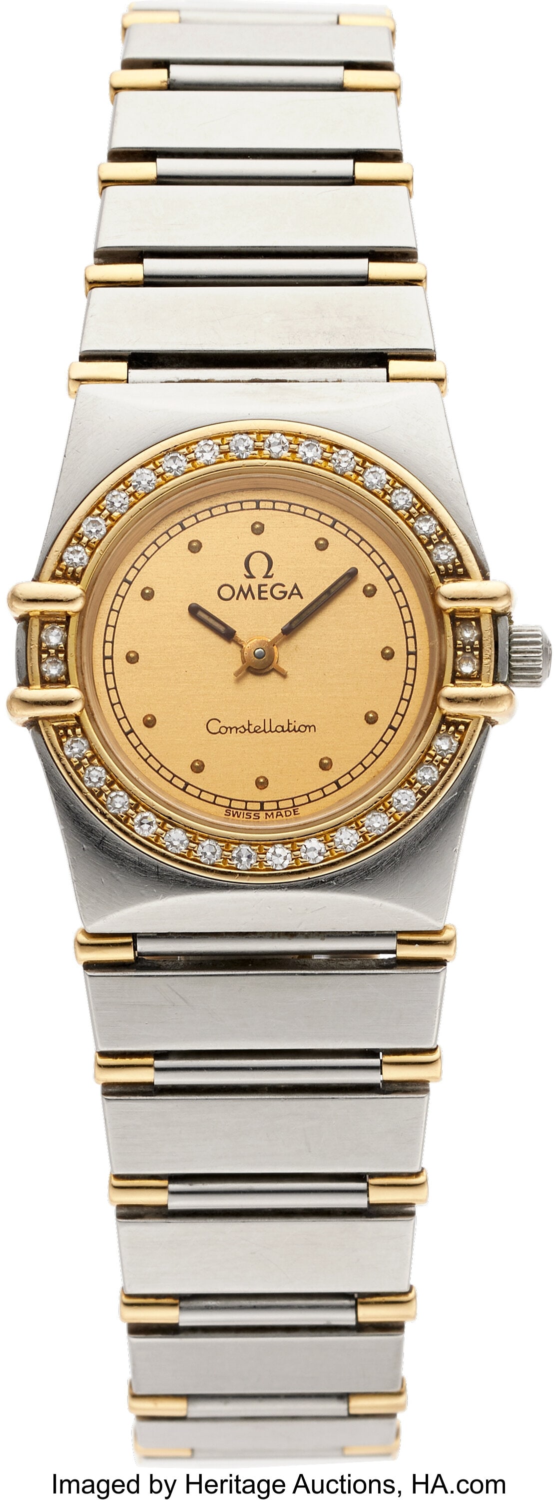 Omega Diamond, Gold, Stainless Steel "Constellat: Omega Diamond, Gold, Stainless Steel "Constellation" Watch, circa 1994 Case: 23 mm, tonneau, stainless steel, 18k gold diamond-set bezel, synthetic sapp
