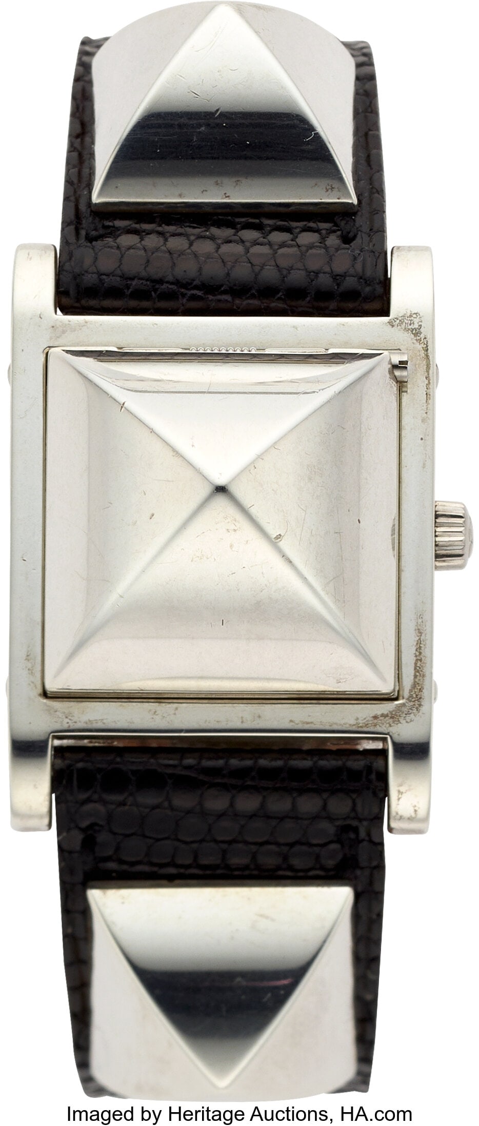 Hermès Stainless Steel "Medor" Watch Case: 23 : Hermès Stainless Steel "Medor" Watch Case: 23 mm, square, stainless steel hinged Medor stud covered dial, mineral crystal, snapback, water resistant, 6