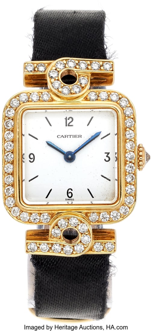 Cartier Diamond, Gold Watch Case: 21 x 21 mm, s: Cartier Diamond, Gold Watch Case: 21 x 21 mm, square, 18k gold, back secured by 2 screws, inverted diamond crown, diamond-set bezel, synthetic sapphire 