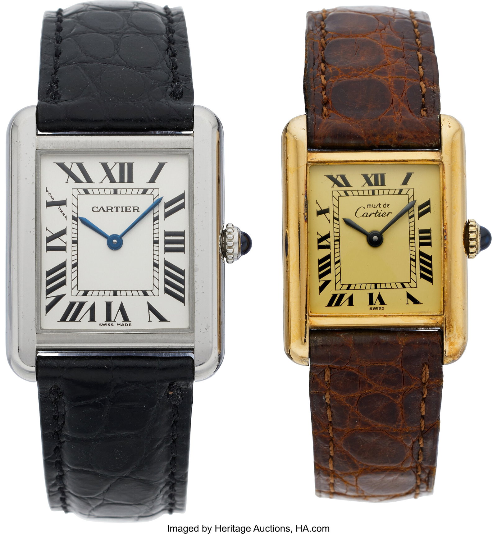 Cartier Vermeil, Stainless Steel "Tank" Watches : Cartier Vermeil, Stainless Steel "Tank" Watches Case: 28 x 20 mm, vermeil, caseback secured by four side screws, synthetic spinel cabochon crown, 3 045700, Ar