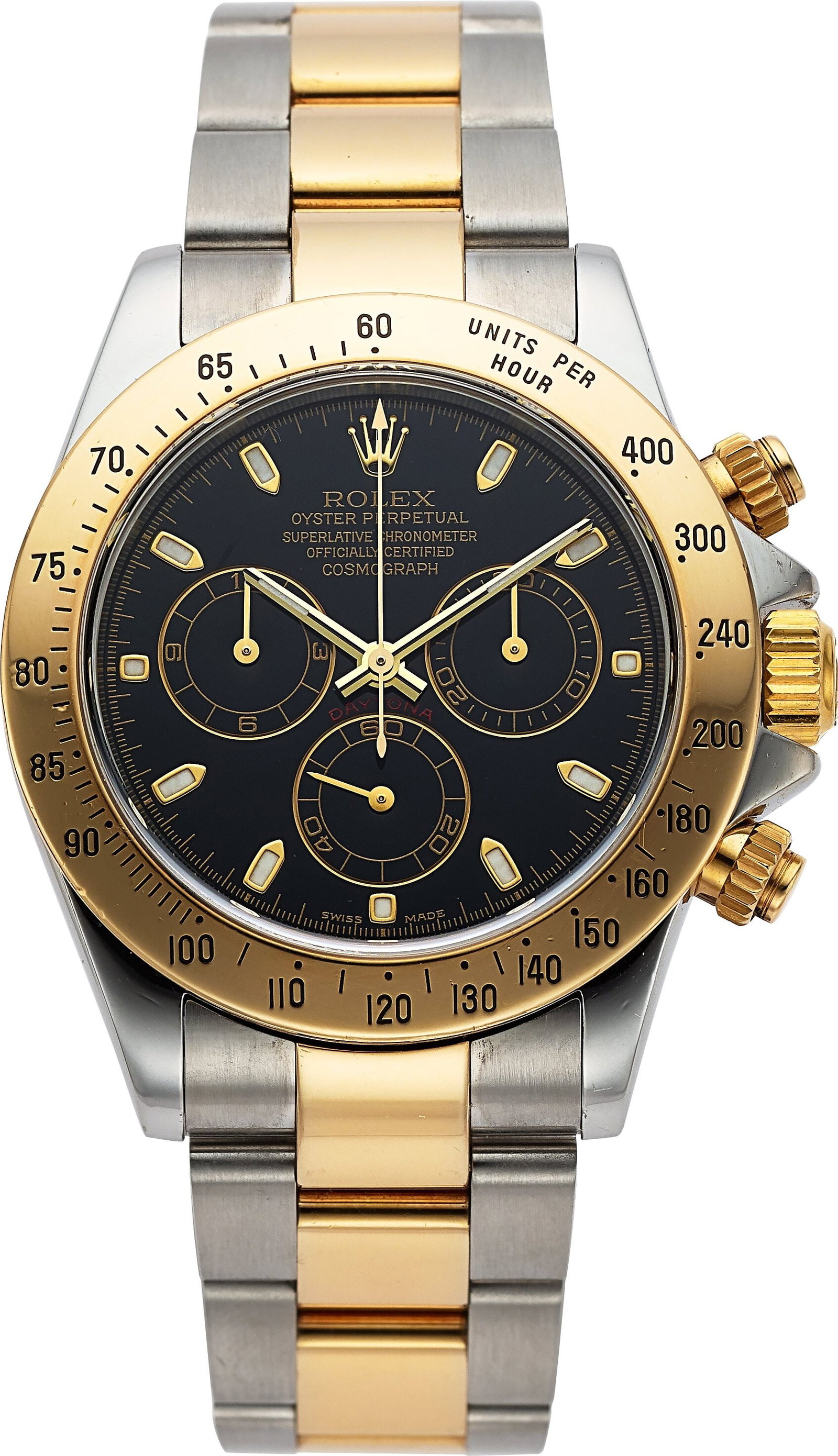 Rolex Oyster Perpetual Daytona, Two Tone Steel a: Rolex Oyster Perpetual Daytona, Two Tone Steel and 18k Yellow Gold, Full Set, Ref. 116523 Case: 40 mm, stainless steel and 18k yellow gold, three body,