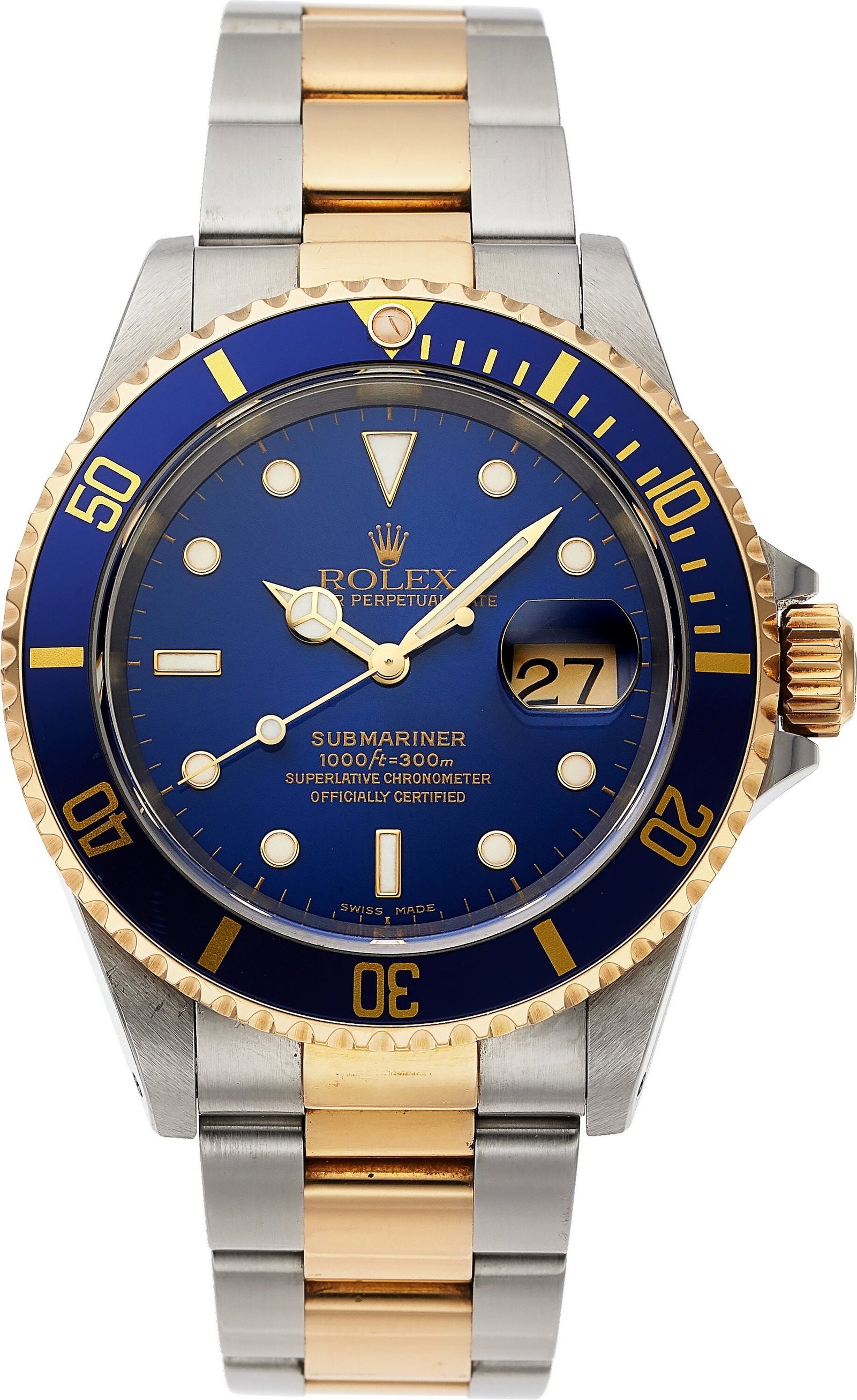 Rolex Oyster Perpetual Date Submariner, Steel an: Rolex Oyster Perpetual Date Submariner, Steel and 18k Yellow Gold, Ref. 16613 Case: 40 mm, stainless steel and 18k yellow gold, three body, screw-down case b