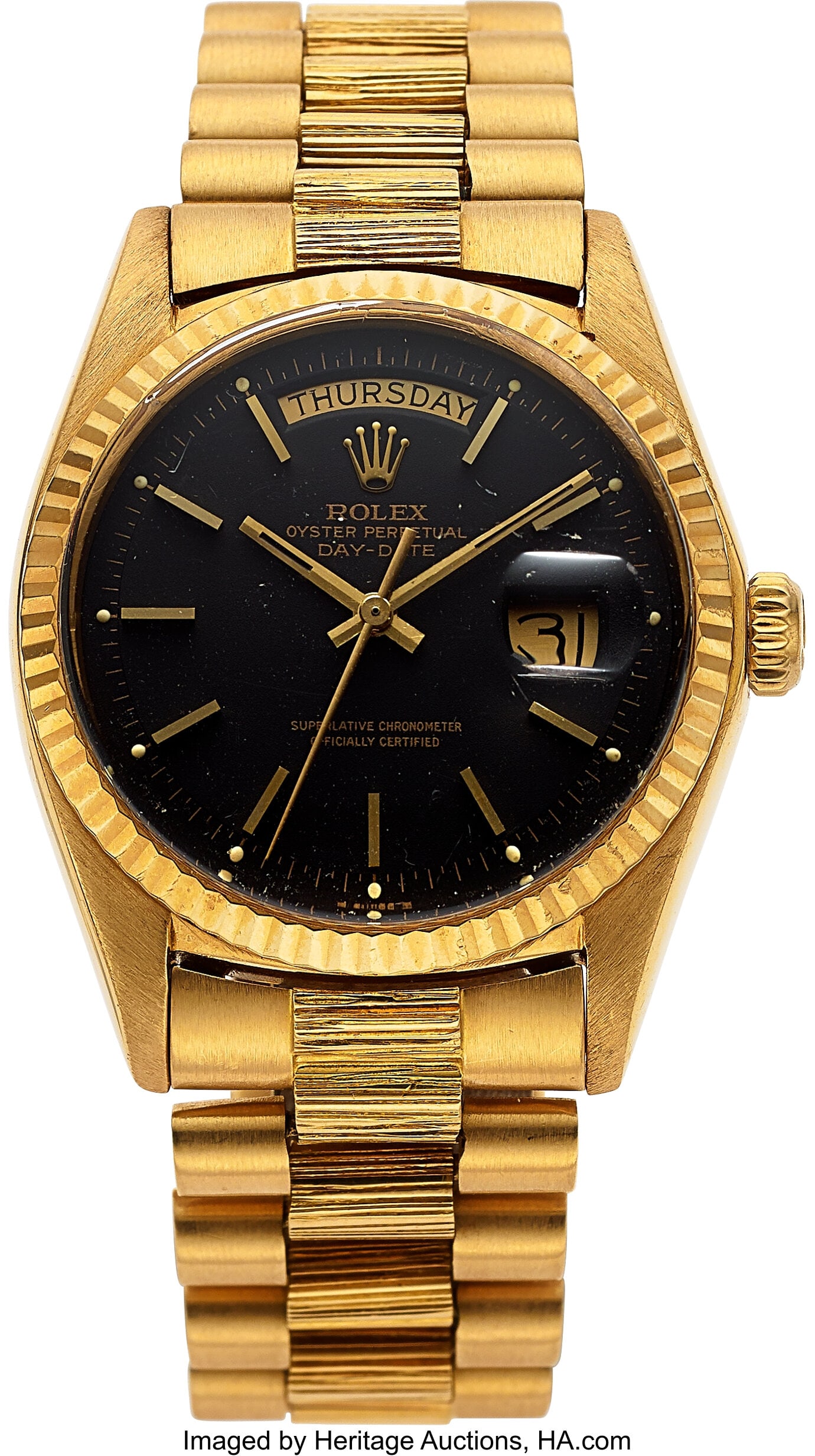 Rolex Oyster Perpetual Day-Date, 18k Yellow Gold: Rolex Oyster Perpetual Day-Date, 18k Yellow Gold, Ref. 1803 Case: 36 mm, 18k yellow gold, three body, screw-down case back and crown, fixed fluted beze