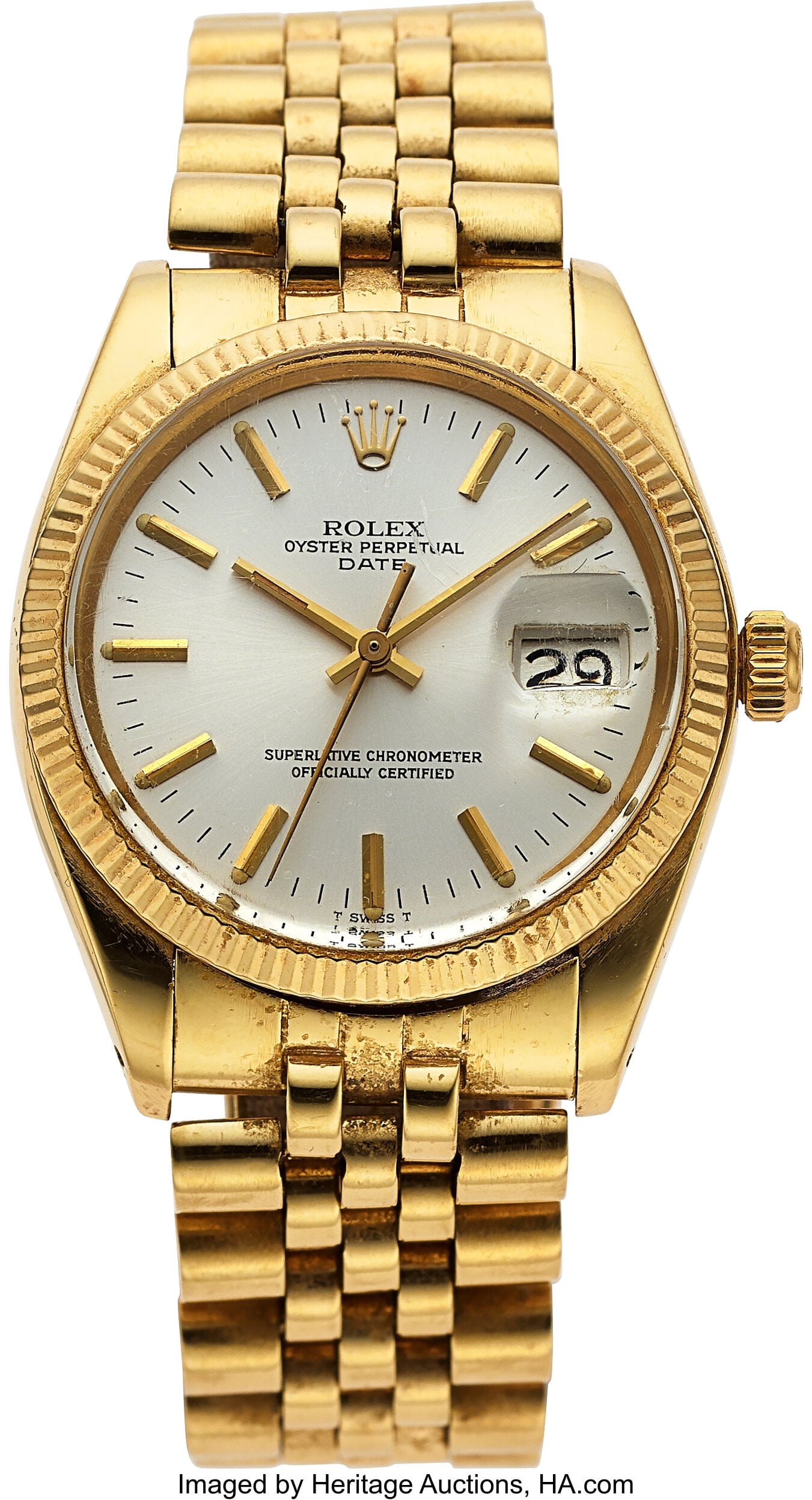 Rolex Oyster Perpetual Date, 14k Yellow Gold, Re: Rolex Oyster Perpetual Date, 14k Yellow Gold, Ref. 1501 Case: 34 mm, 14k yellow gold, three body, screw-down case back and crown, fixed fluted bezel&co