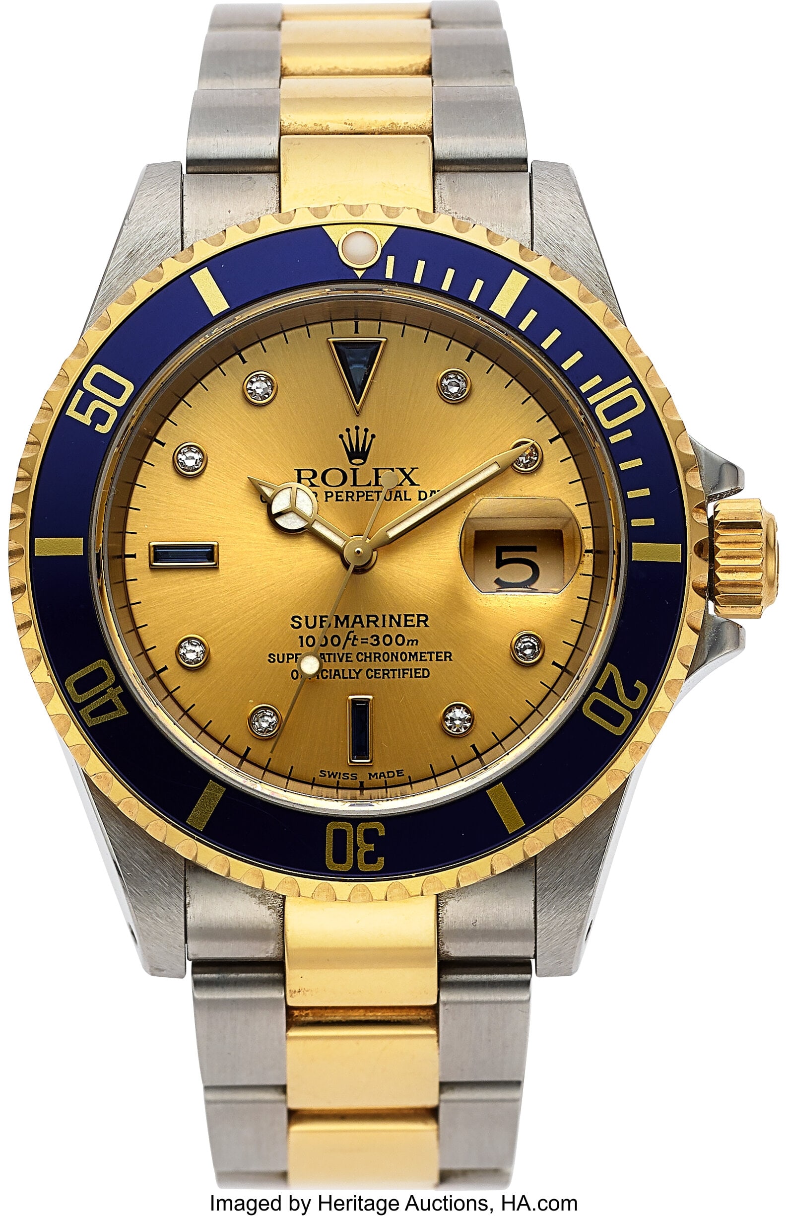 Rolex Date Submariner, Two Tone Steel and 18k Ye: Rolex Date Submariner, Two Tone Steel and 18k Yellow Gold, Diamond and Sapphire Set Dial, Ref. 16613 Case: 40 mm, stainless steel and 18k yellow gold, three 