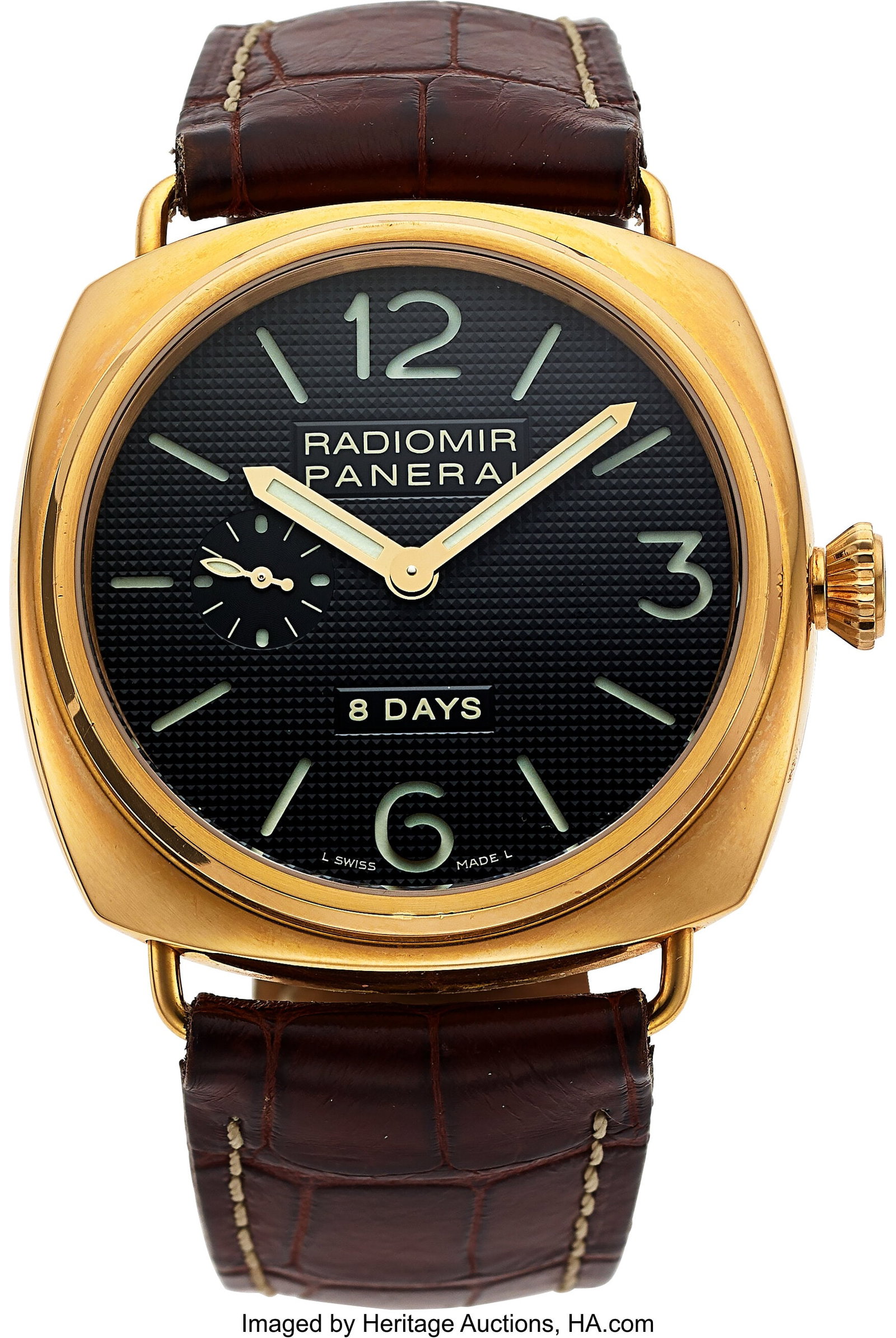 Panerai Radiomir 8 Days, 18k Yellow Gold, Ref. P: Panerai Radiomir 8 Days, 18k Yellow Gold, Ref. PAM00197 Case: 45 mm, 18k yellow gold, three body, four screw exhibition case back, No. 036/3