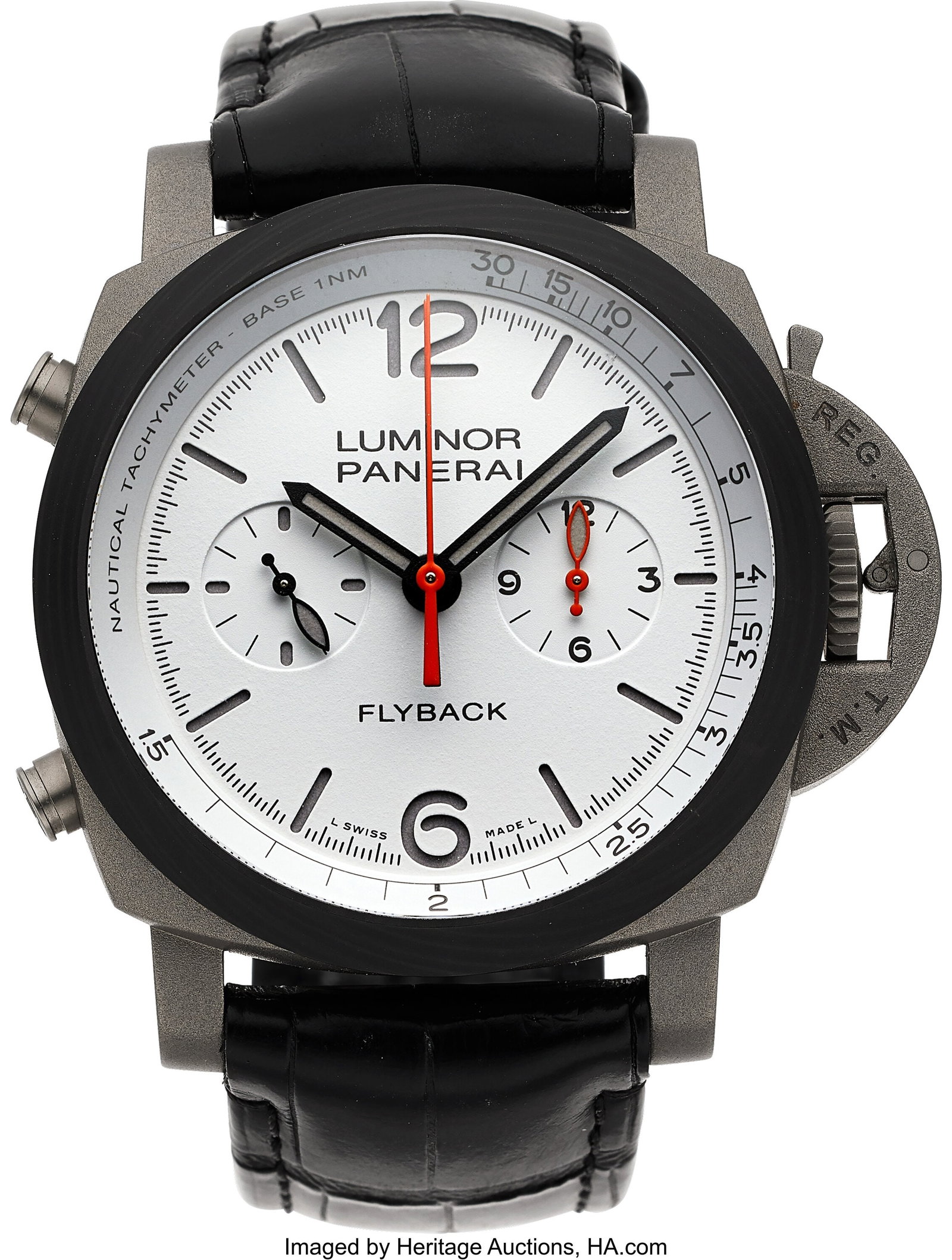 Panerai Luminor Chrono Flyback, Titanium, Full S: Panerai Luminor Chrono Flyback, Titanium, Full Set, Ref. PAM01297 Case: 45 mm, titanium, three body, screw-down case back, trademark Panerai crow