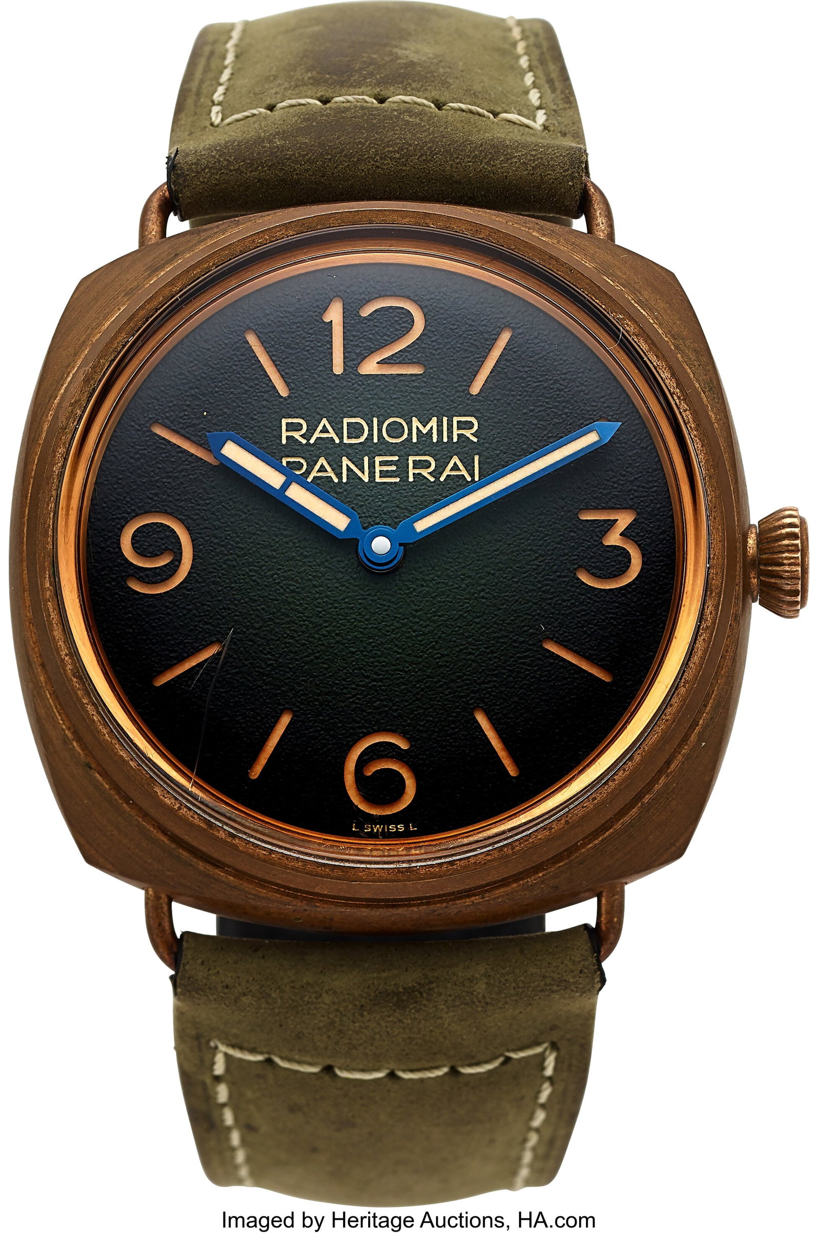 Panerai Radiomir Bronzo, Full Set, PAM00760 Cas: Panerai Radiomir Bronzo, Full Set, PAM00760 Case: 47 mm, bronze, three body, screw-down exhibition case back Dial: forest green dial, tan line and Arabi