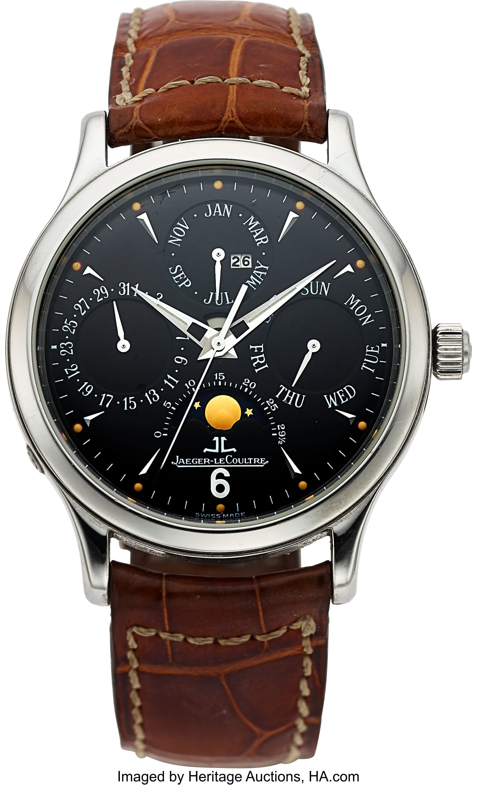 Jaeger LeCoultre Master Perpetual Calendar "Full: Jaeger LeCoultre Master Perpetual Calendar "Full Set" Ref. 149.84.7A Case: 37 mm, stainless steel, three body, four screw exhibition case back,